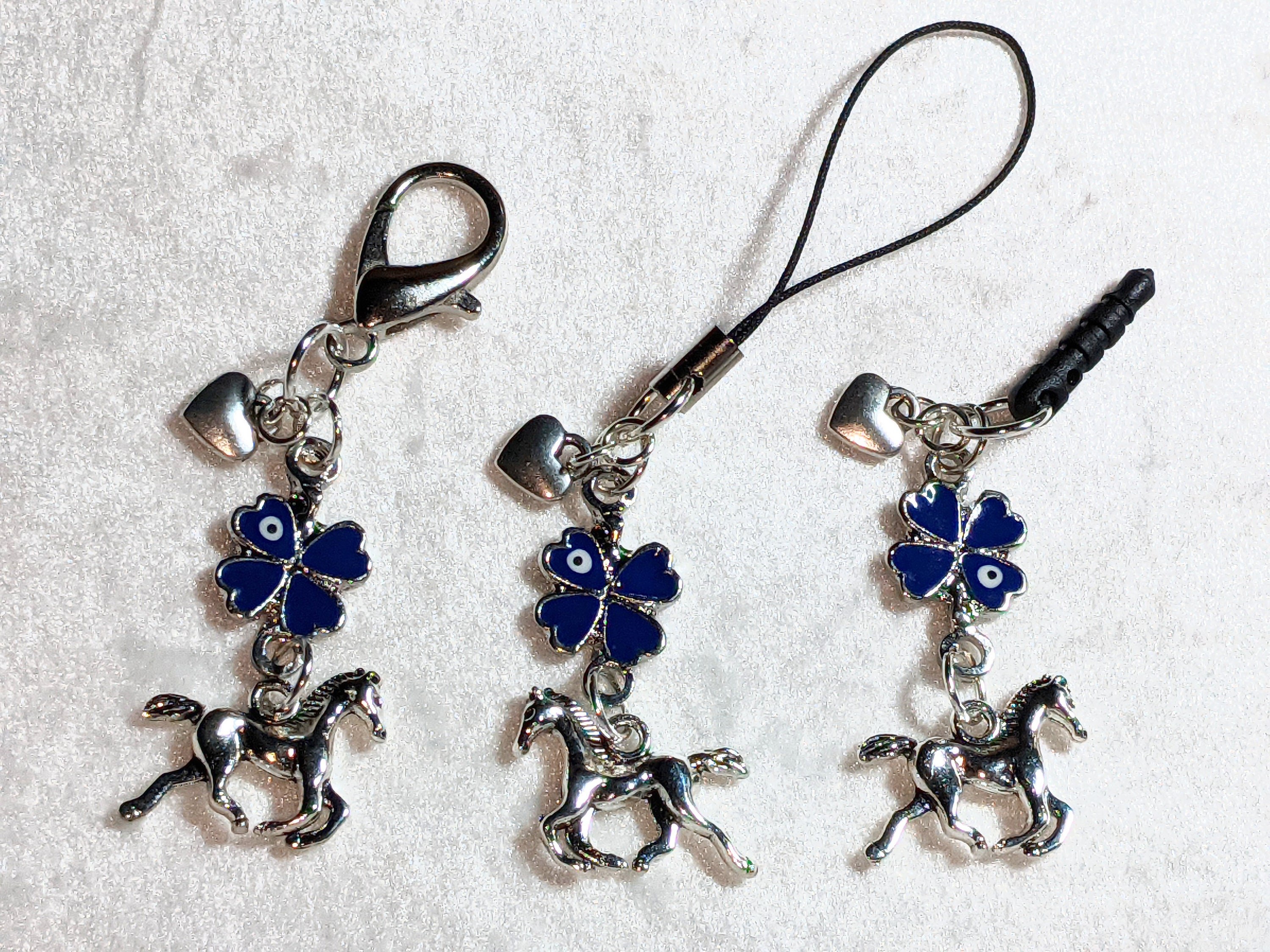 Horse Cell Phone Charm: Evil Eye Clover, Zipper Pull, Keychain