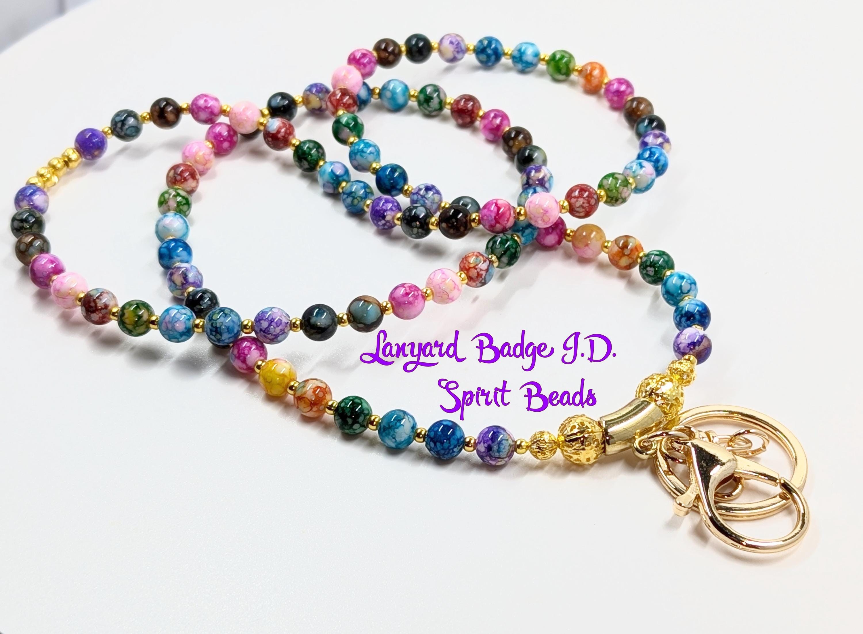 Rainbow Spirit Beads Lanyard: Gold Accents, Badge I.D. Holder Gift