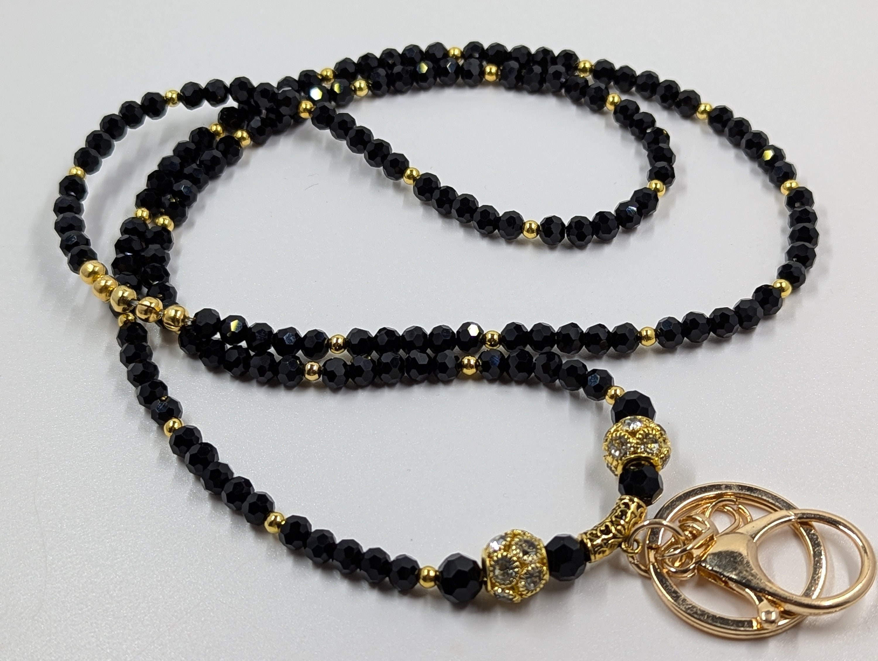 Black Crystal Lanyard: Bling ID Badge Holder with Gold Disco Balls length variations