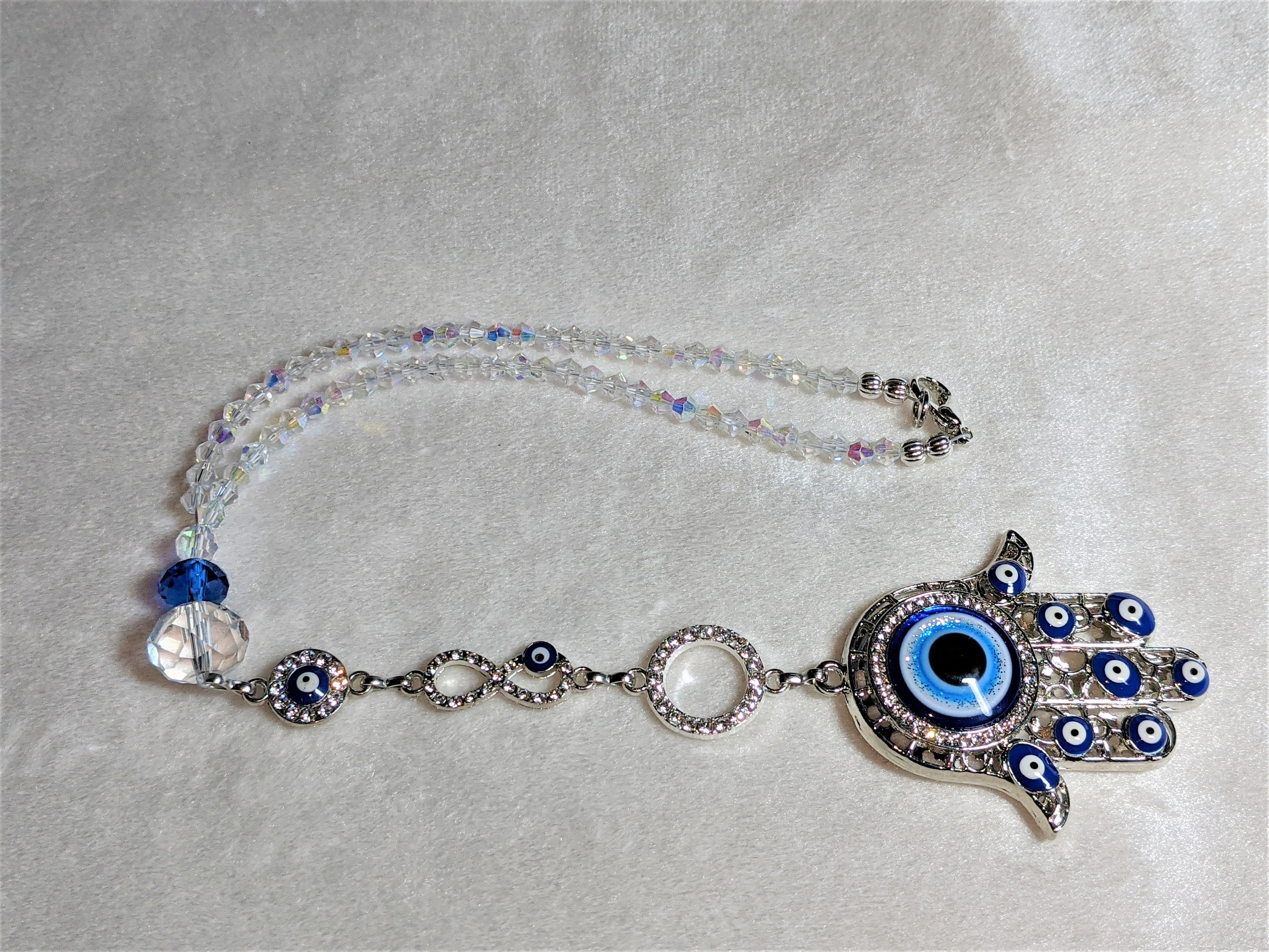 Hamsa Hand Evil Eye Car Charm: Sapphire Crystal Suncatcher