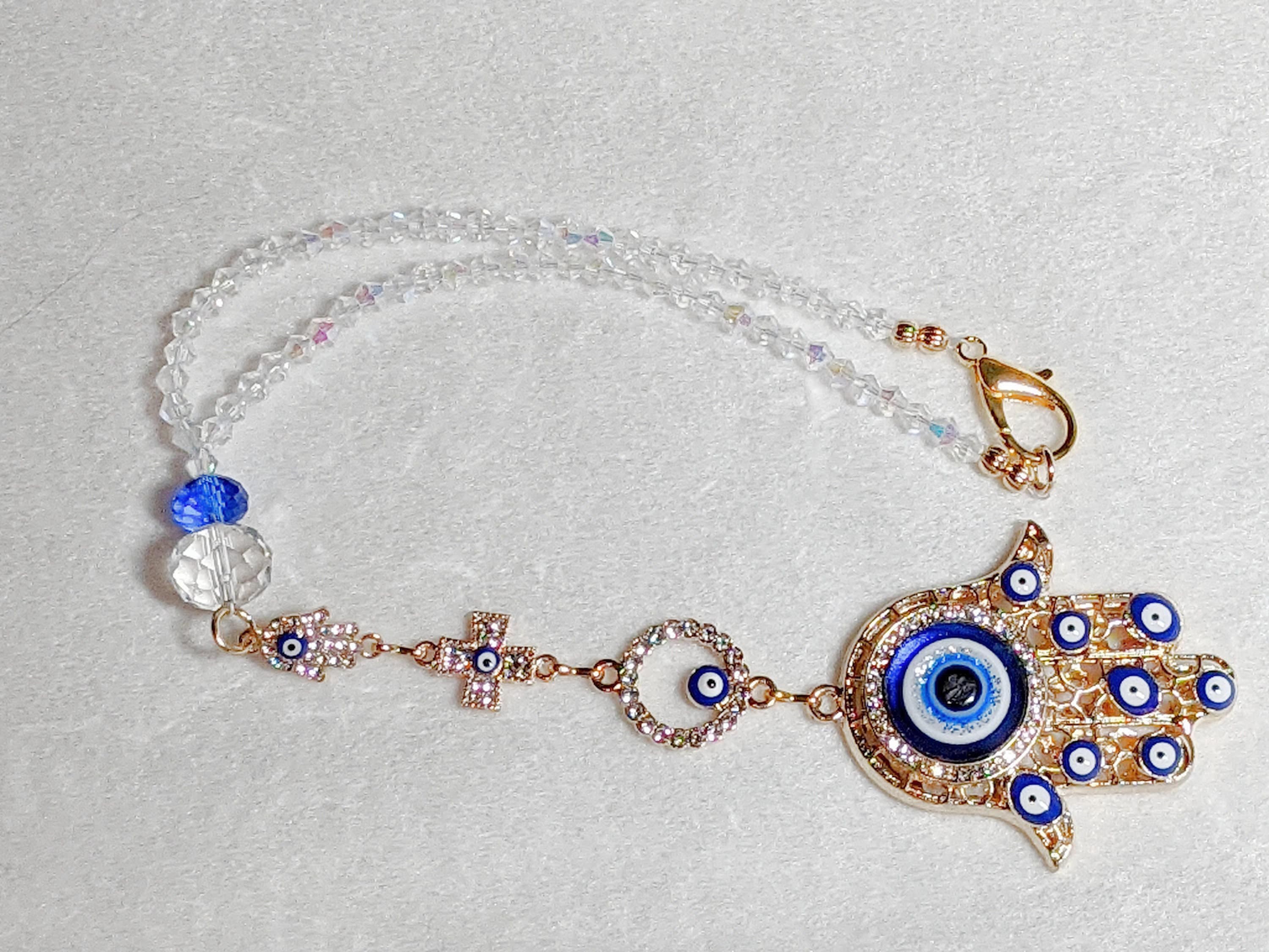 Hamsa Hand Gold Evil Eye Car Charm: AB Crystals, Sapphire Nazar Amulet Cross