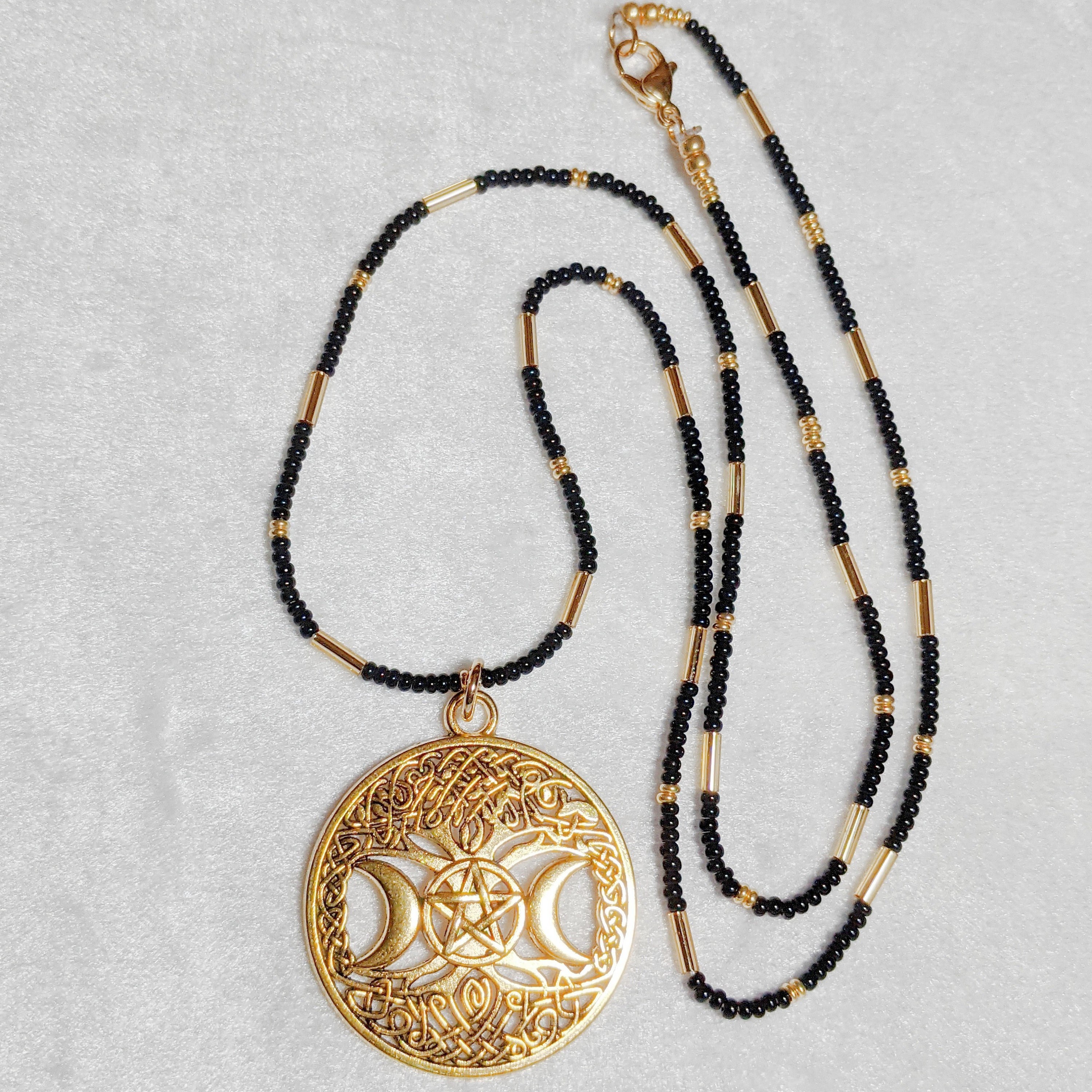 Triple Goddess Pentagram Necklace: Gold Wiccan Pendant, Celtic Tree of Life
