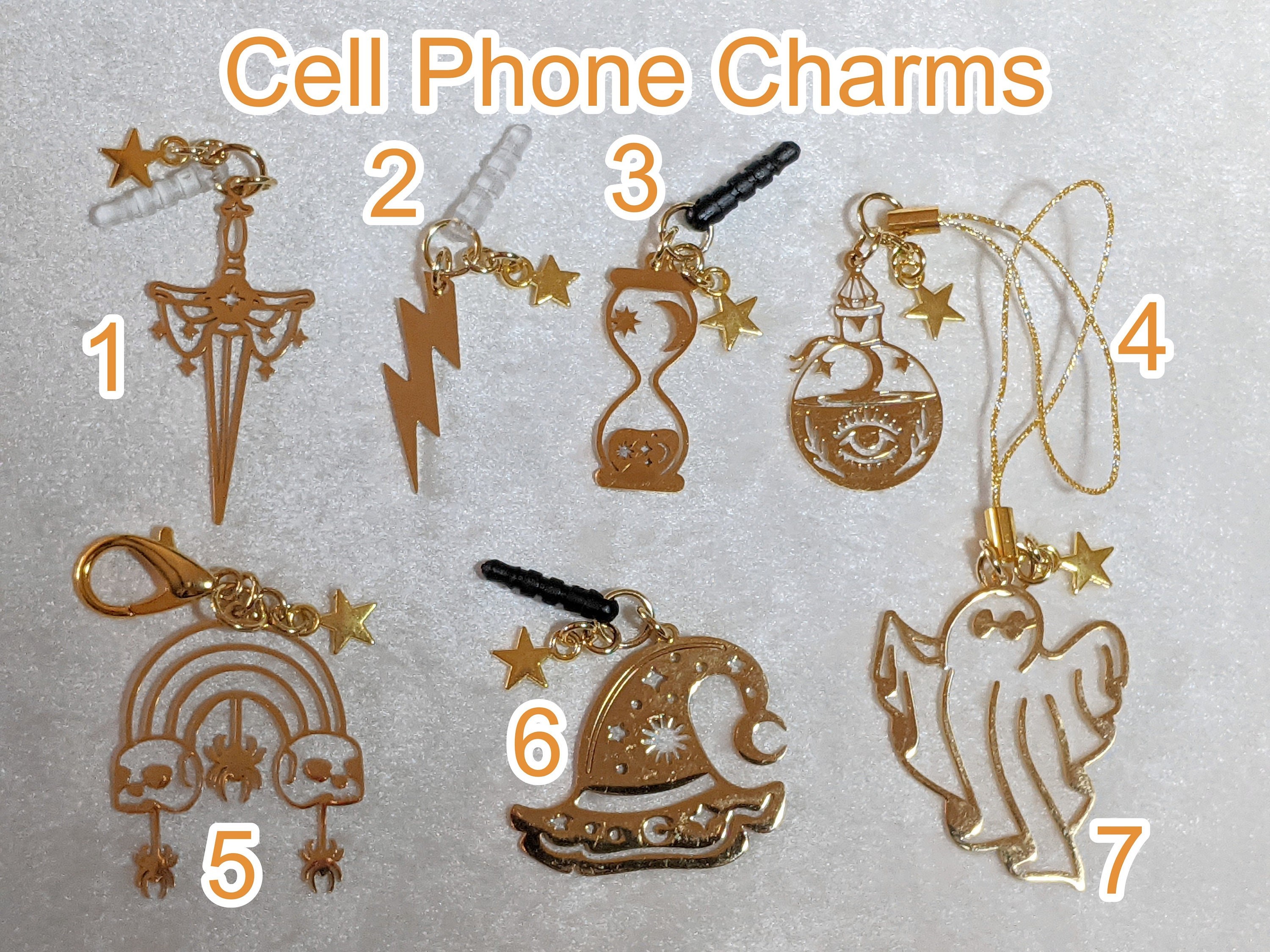 Halloween Cell Phone Charm: Laser Cut Brass, Ghost, Witch Hat, Skull