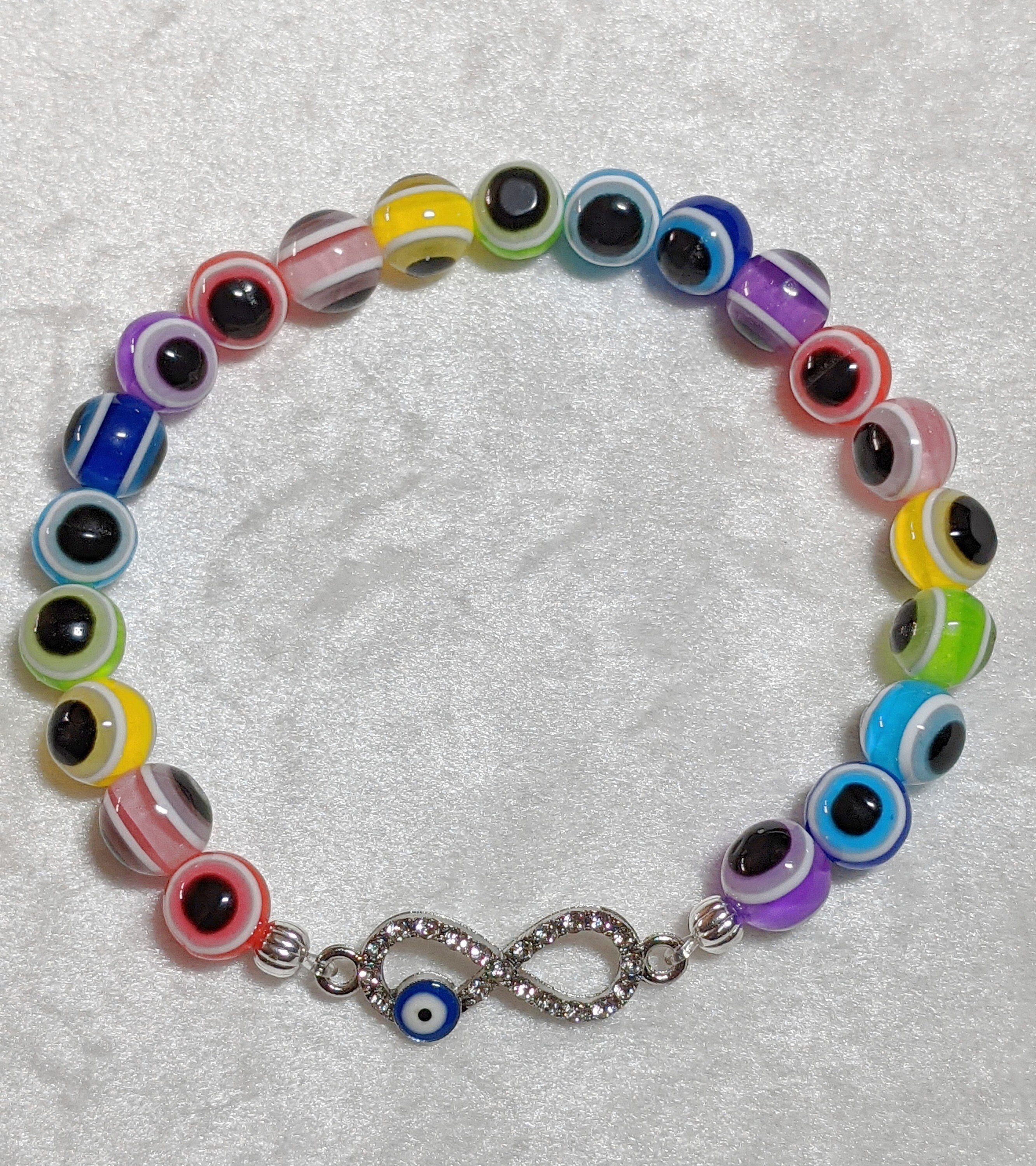 Rainbow Evil Eye Bracelet: Rhinestone Infinity Charm, Stretchy Amulet