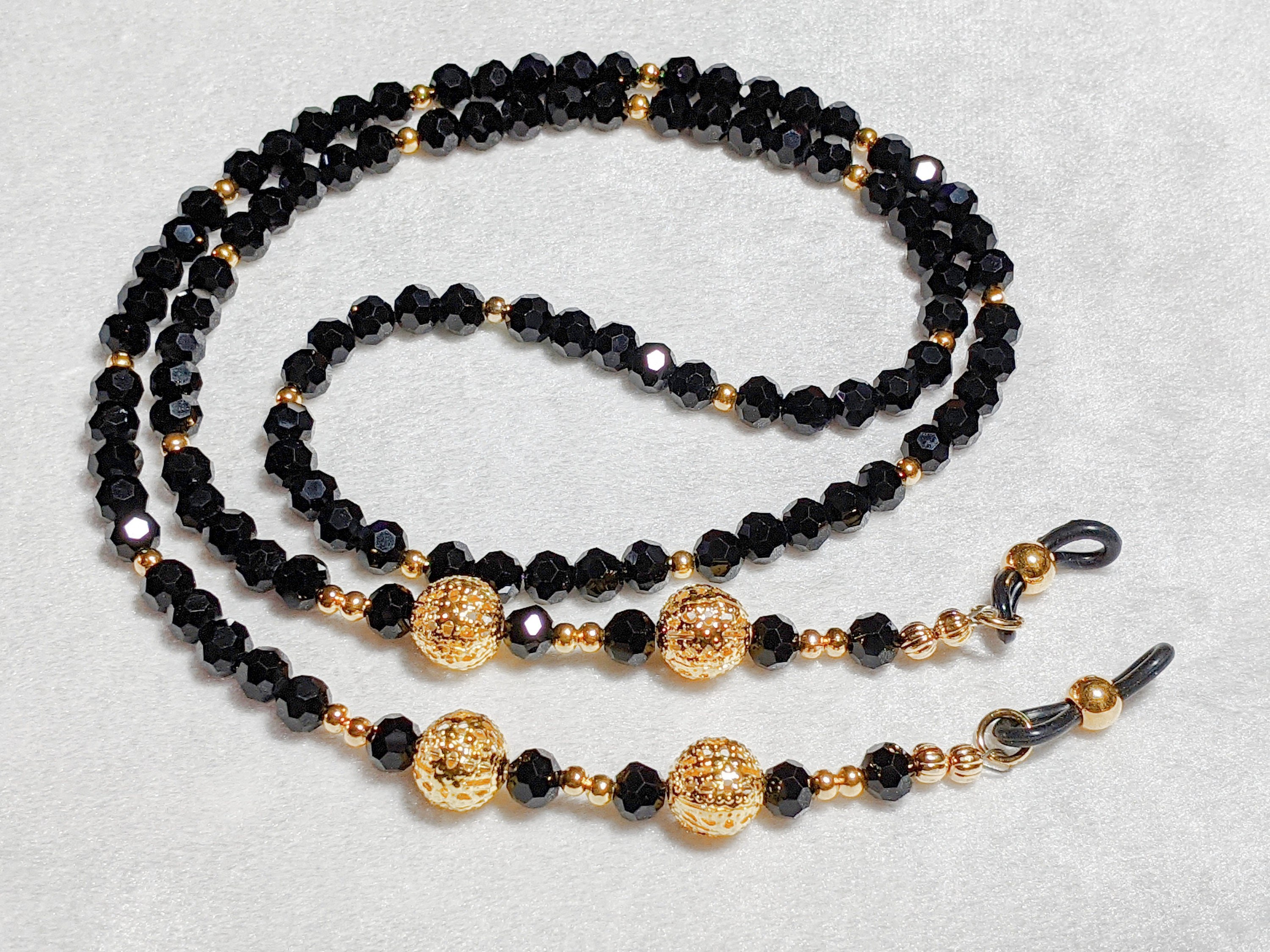 Black Crystal Eyeglasses Chain: Gold Filigree Ball Sunglasses Holder