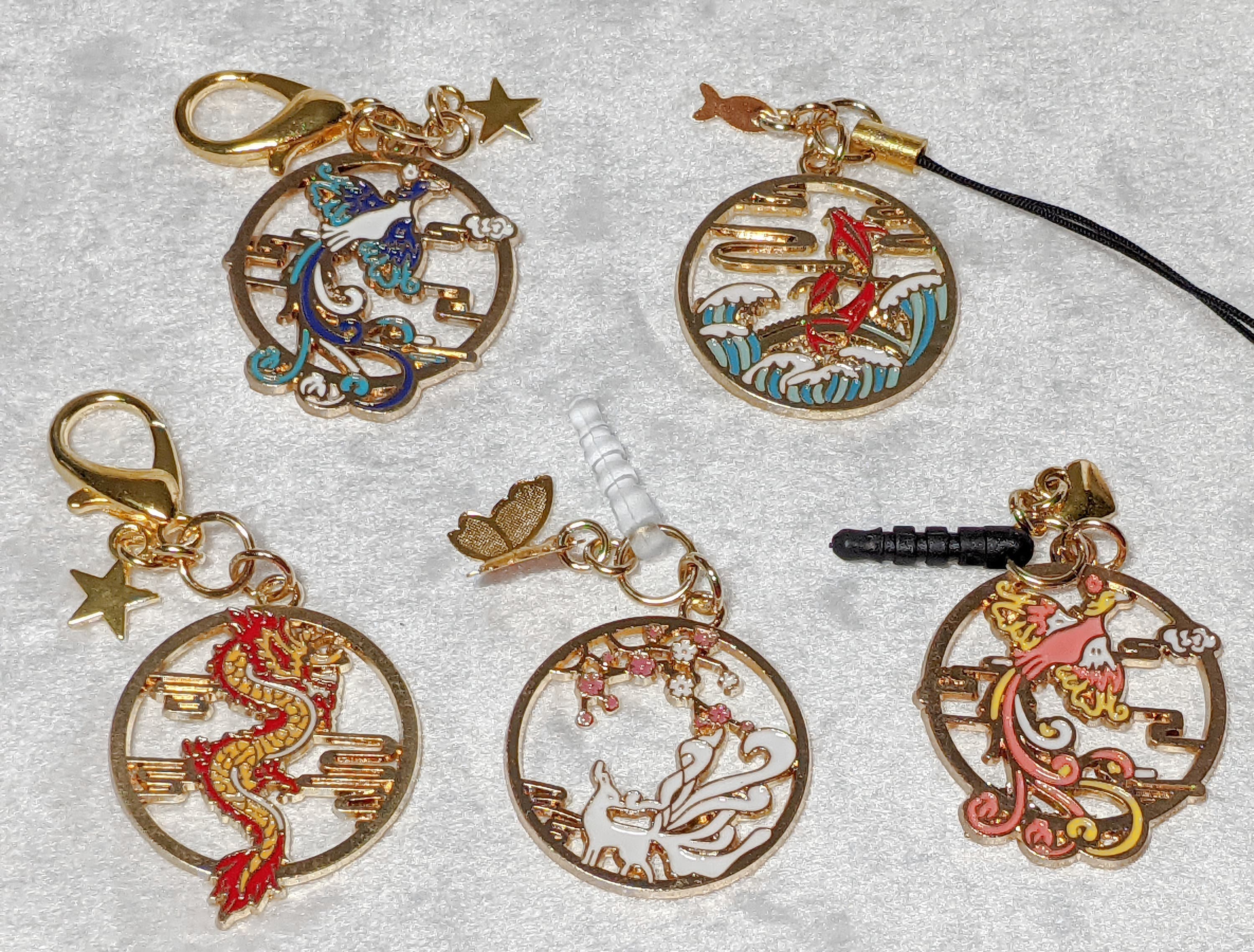 Dragon, Phoenix, Koi Cell Phone Charm: Audio Jack, Zipper Pull, Keychain