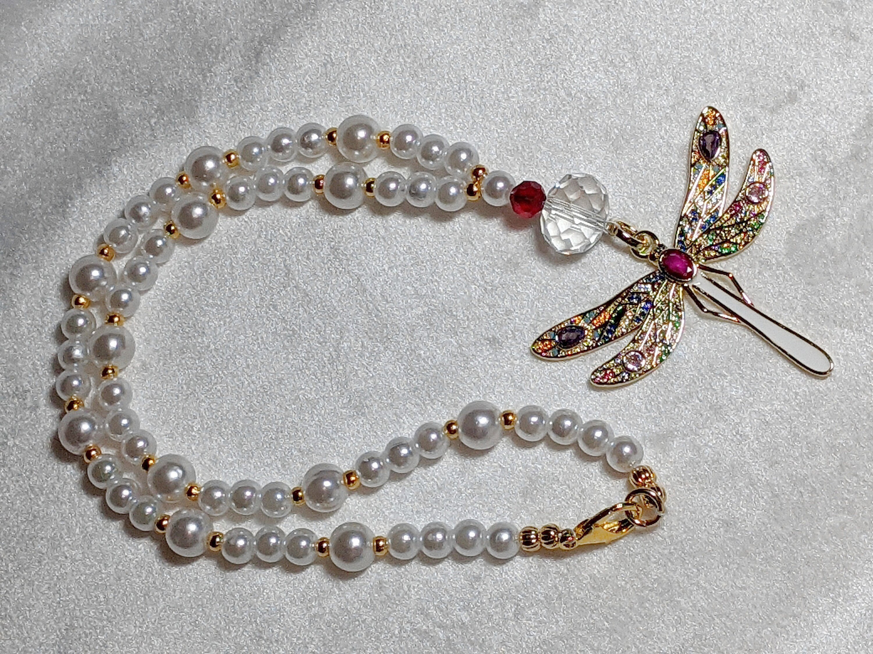 Dragonfly Suncatcher: Crystal Prism, White Pearls Car Charm