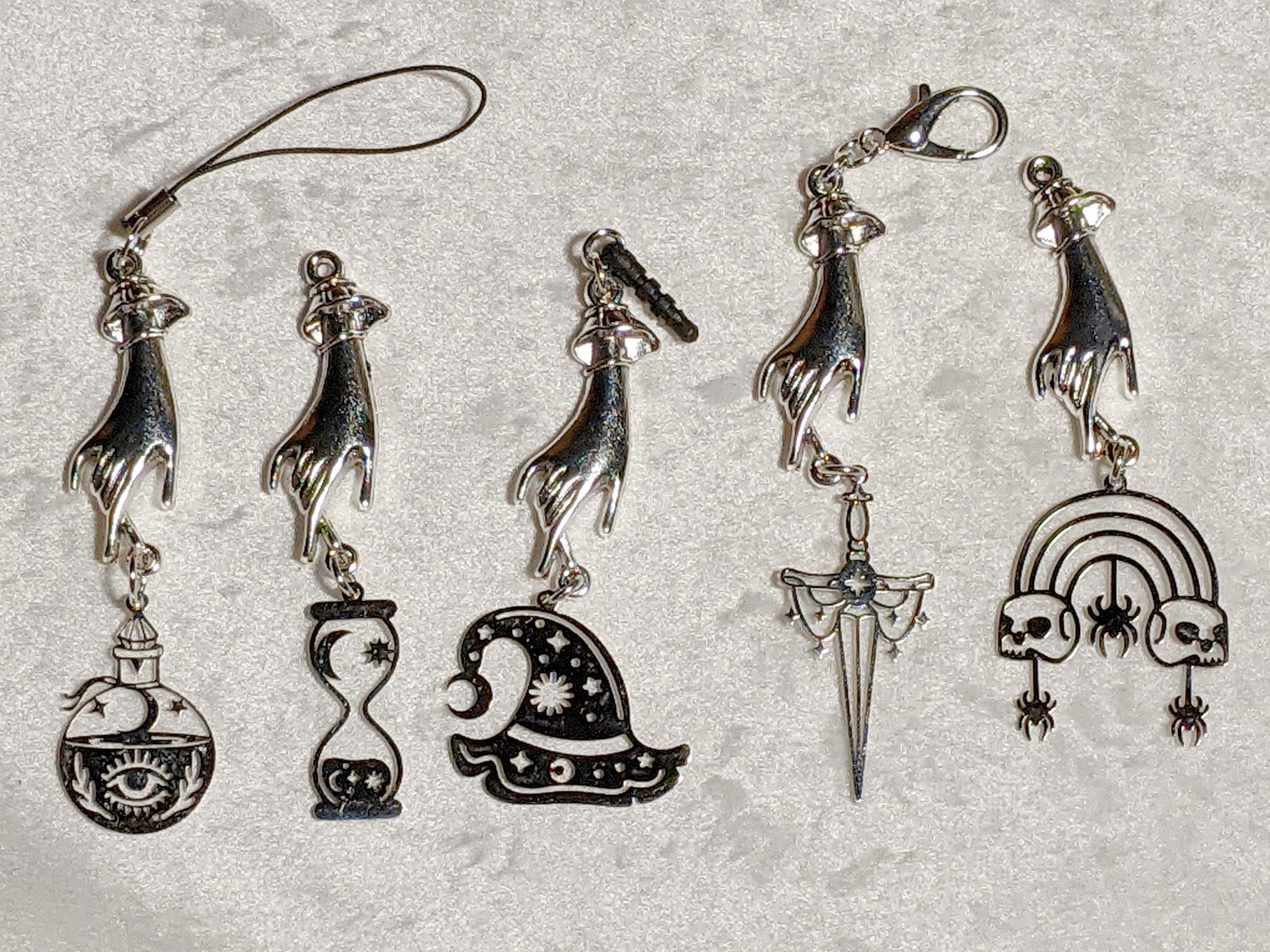 Halloween Cell Phone Charm: Silver Witch Hand, Dagger, Hat, Potion