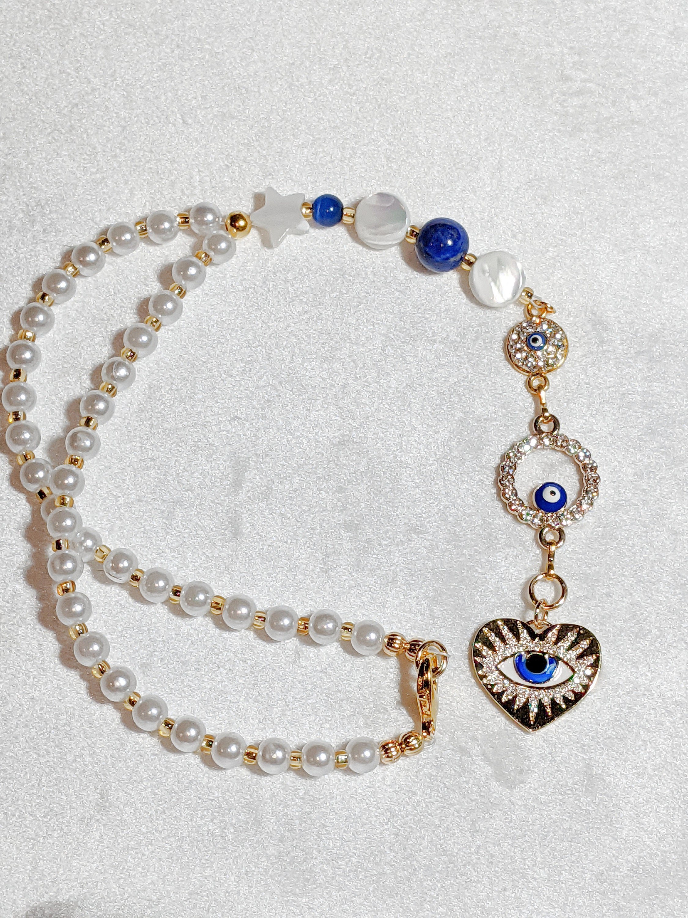 Evil Eye Car Charm: Lapis Lazuli, Pearl Heart, Nazar Amulet gift