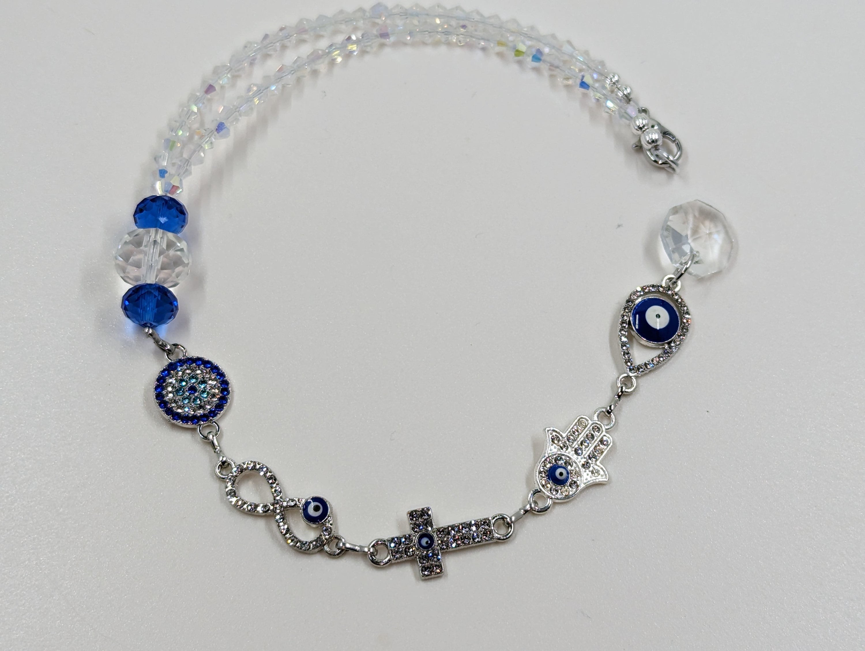 Evil Eye Car Charm: Hamsa, Cross, Sapphire Crystals, Rear View Mirror Amulet