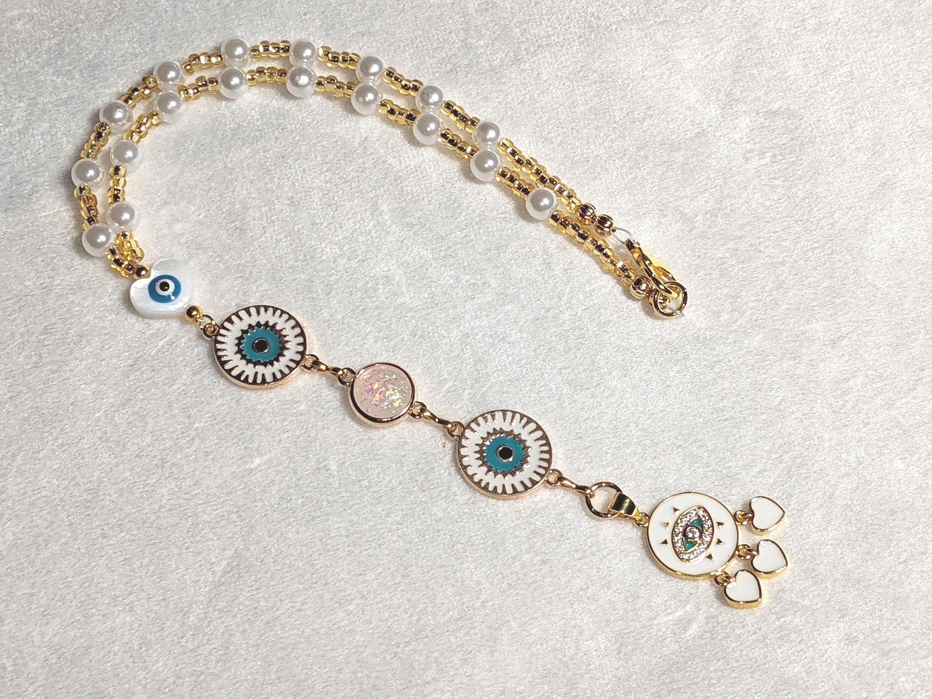 Evil Eye Car Charm, Pearl Beads, Hearts, Turkish Nazar Amulet Gift