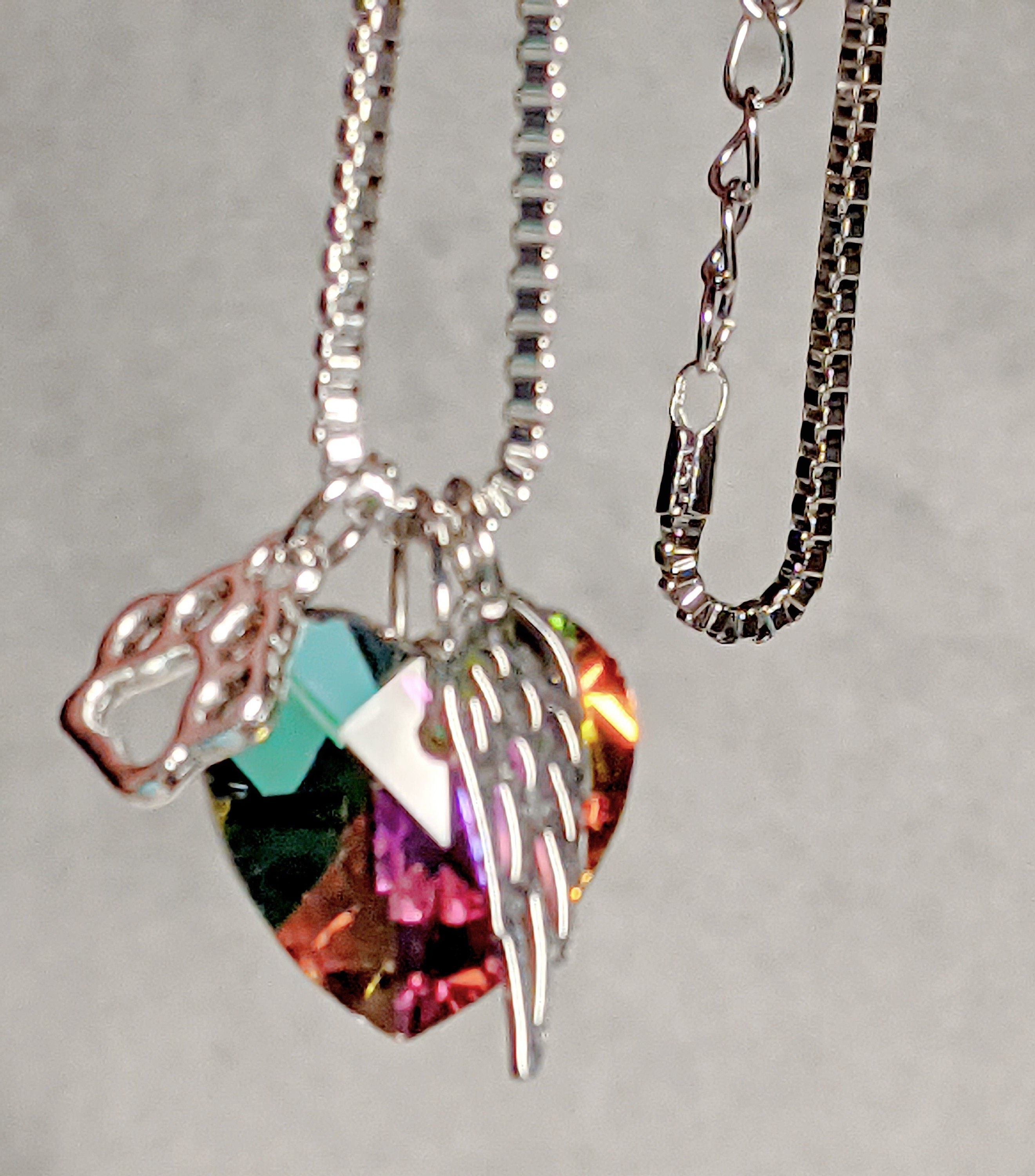 Rainbow Bridge Pet Memorial Necklace: Heart, Paw, Angel Wing Charm
