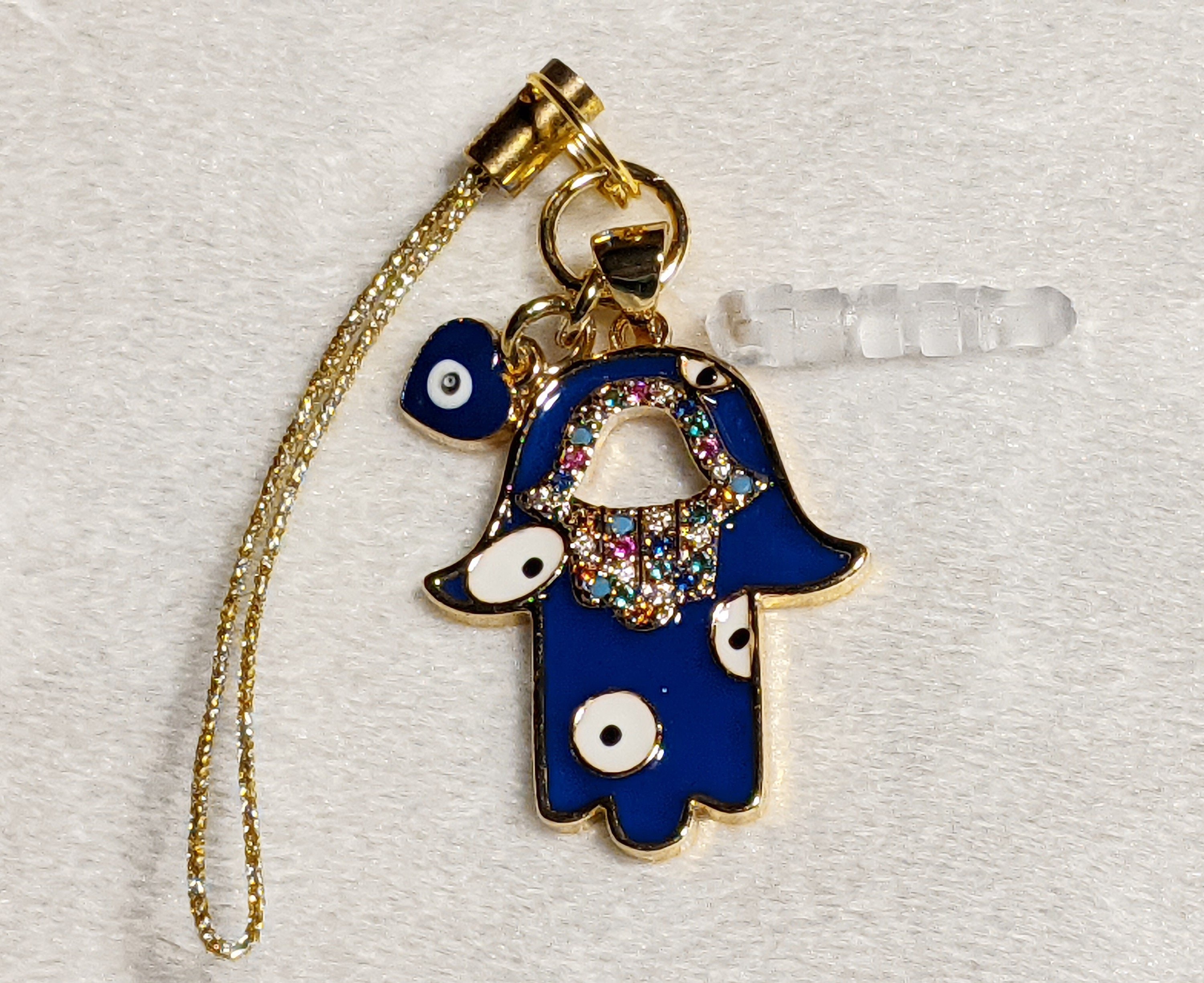 Blue Hamsa Hand Cell Phone Charm: Evil Eye, Rainbow Crystals