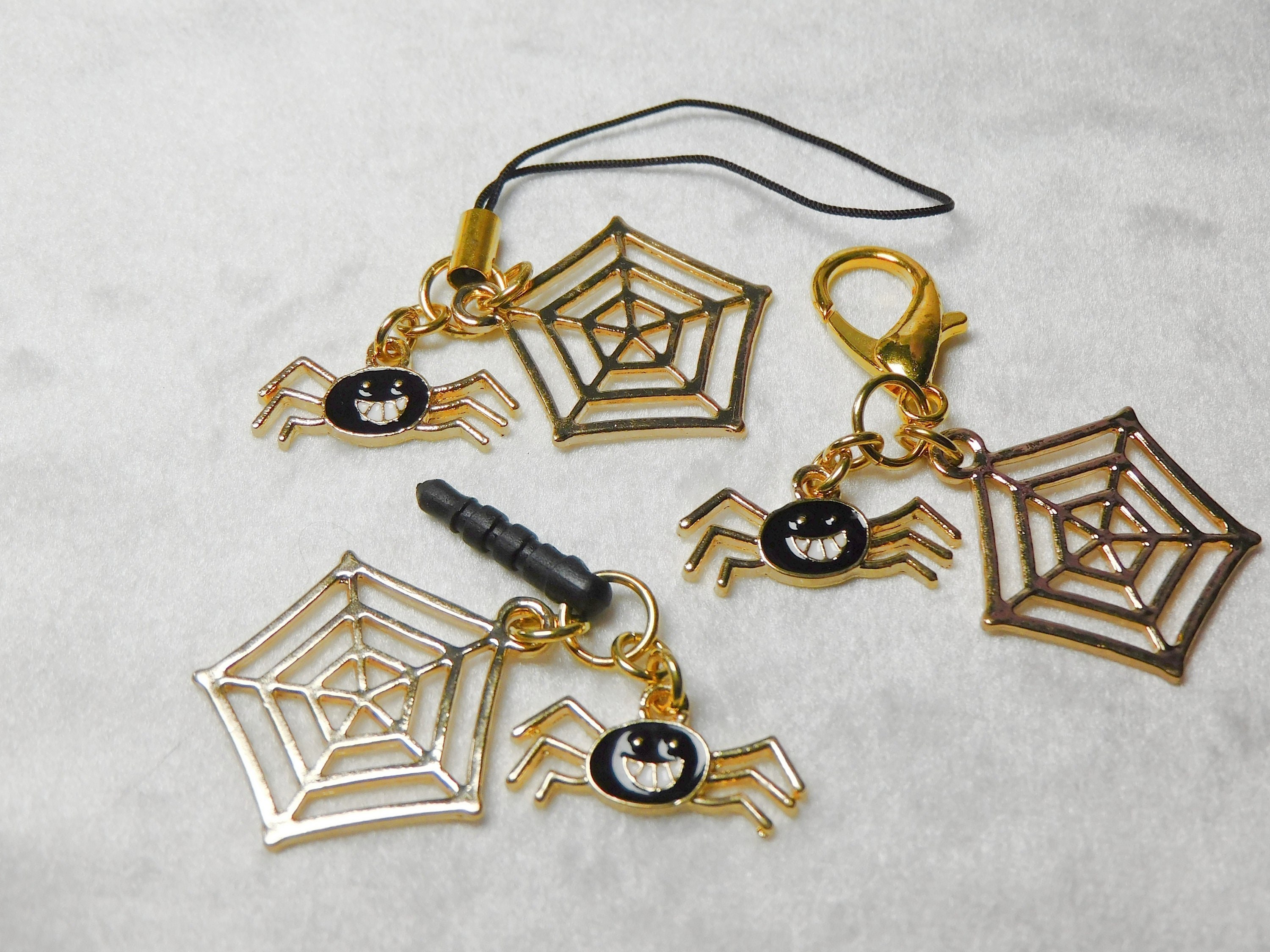 Halloween Spider Charm, Gold Web, Phone Charm, Zipper Pull