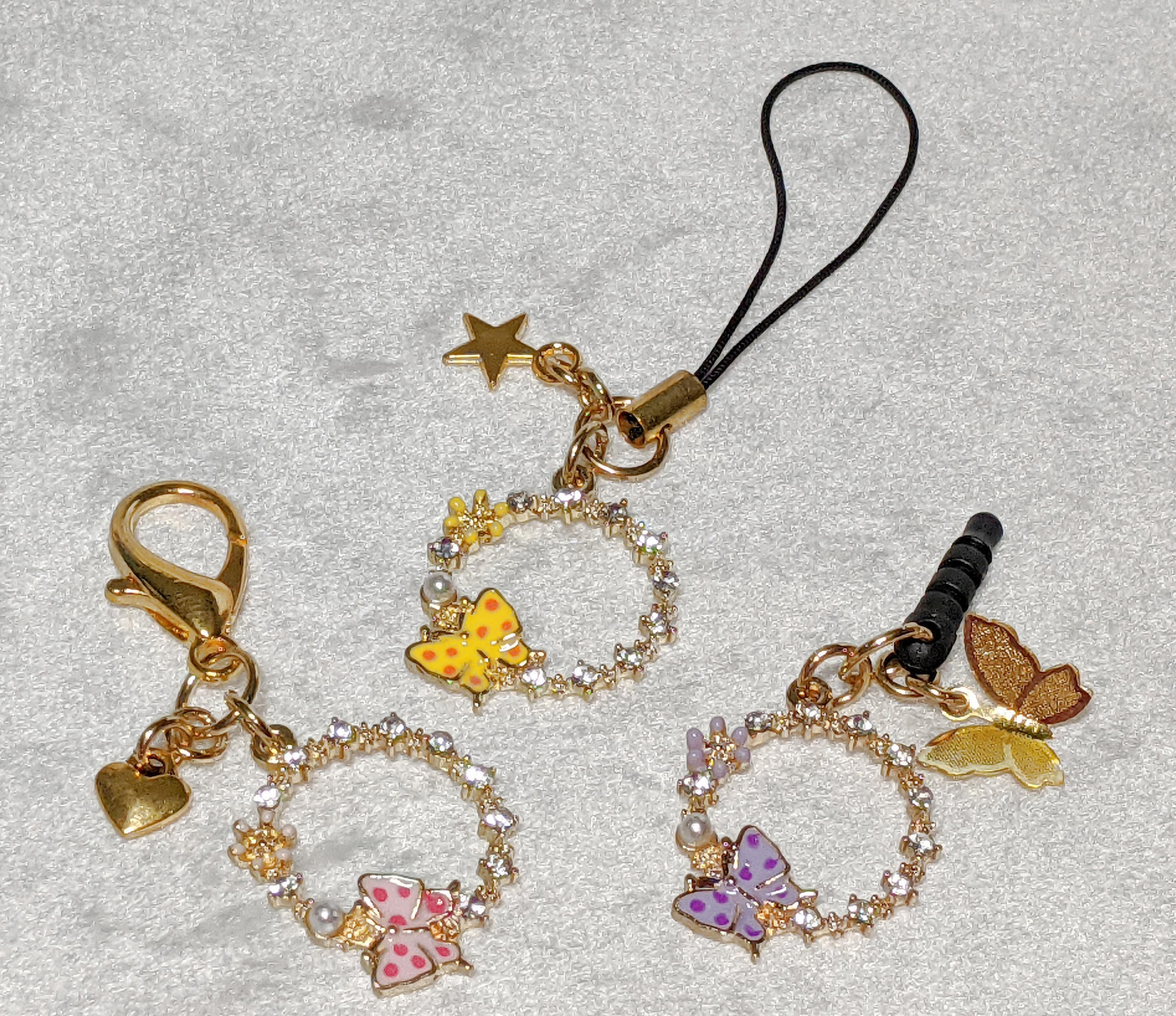 Butterfly Charm: Crystal Ring, Gold Accent - Phone Charm, Keychain, Zipper Pull