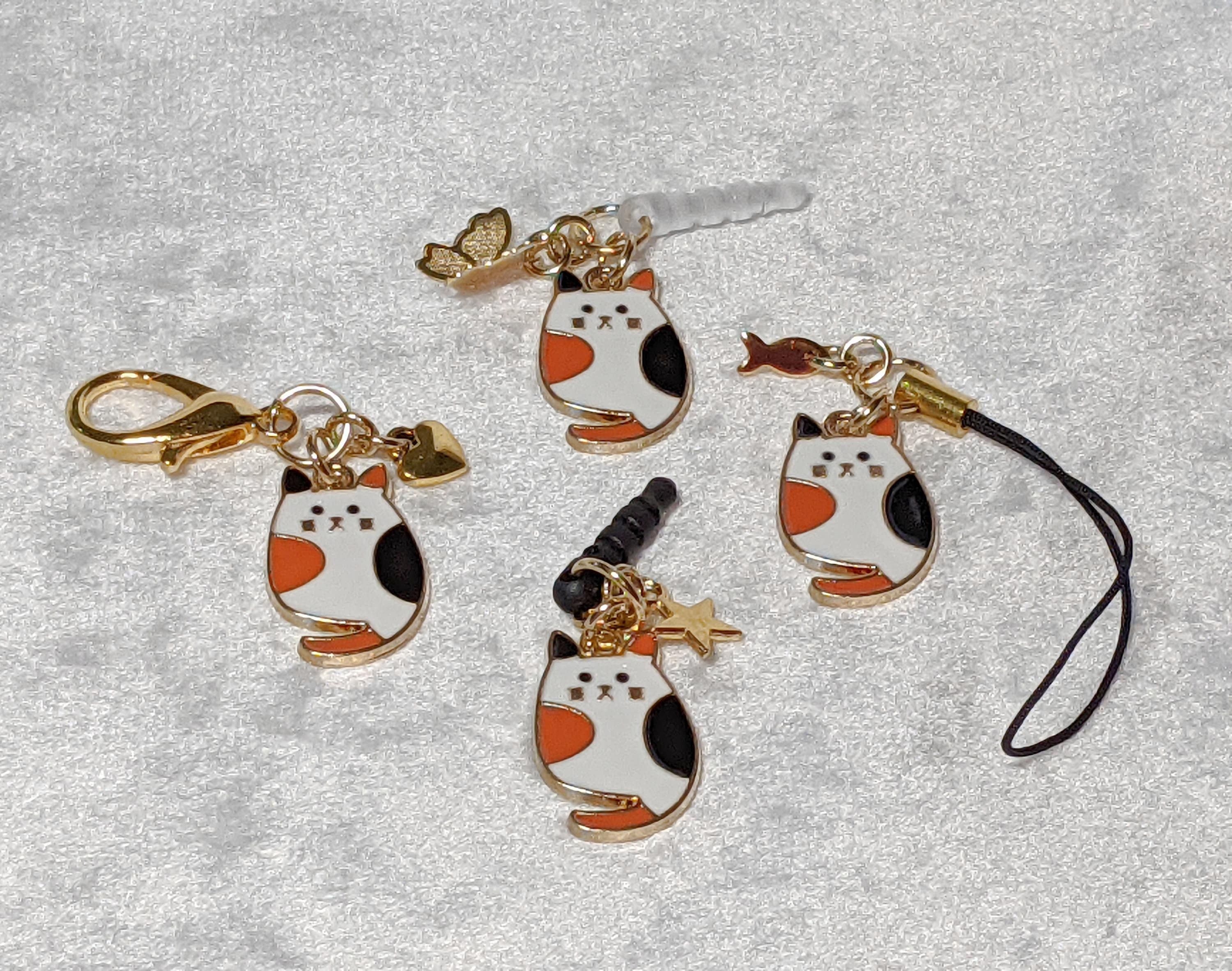 Calico Cat Charm: Phone, Keychain, Zipper Pull with Gold Accent