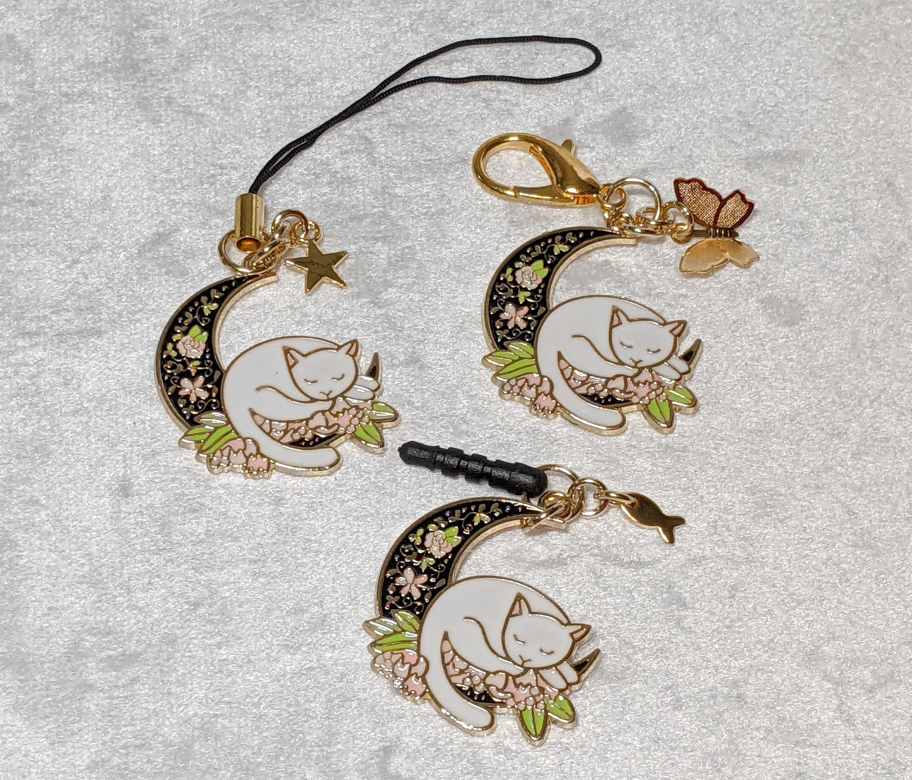 Floral Moon Cat Charm: Phone Charm, Keychain, Zipper Pull