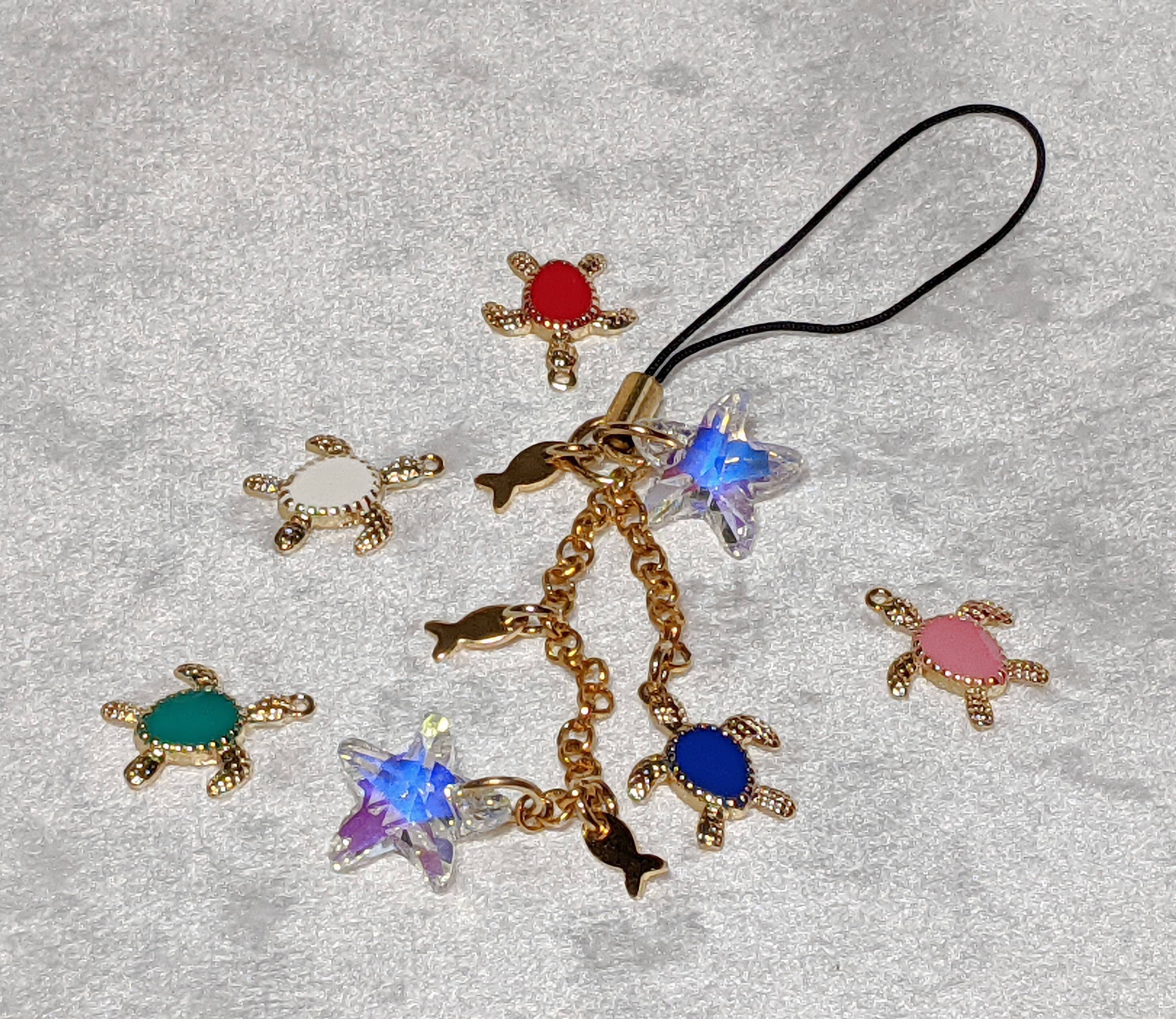 Sea Turtle Cell Phone Charm: Starfish, Gold Fish, Crystal Bling