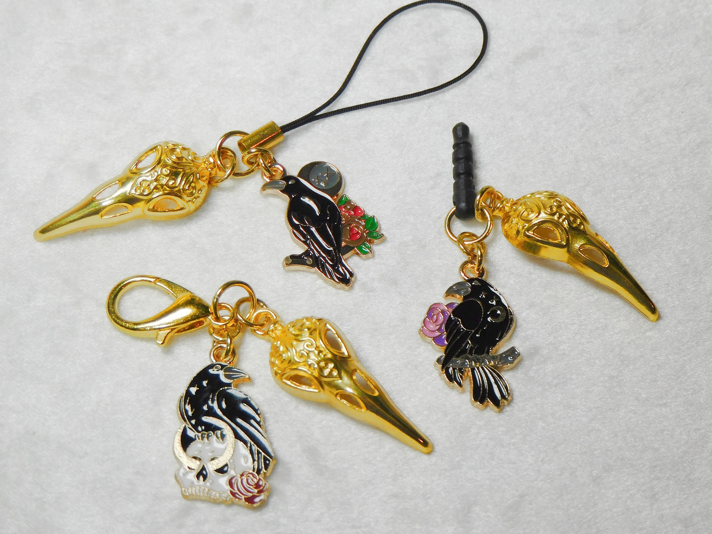 Crow Skull Rose Charm: Gold Halloween Zipper Pull, Phone Accessory
