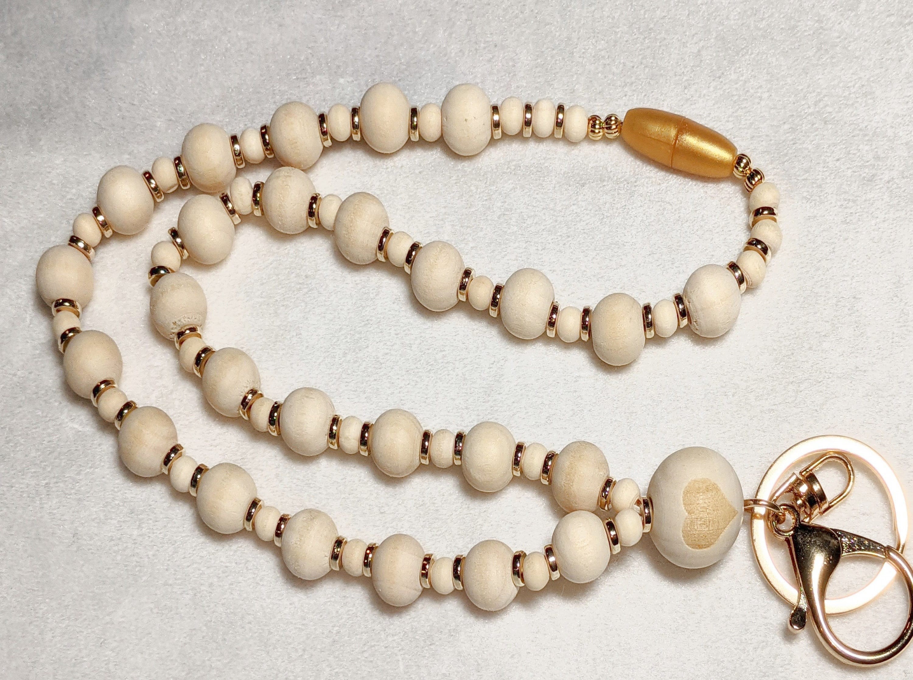 Wood Bead Lanyard: Length Variations Badge Holder with Gold Accents