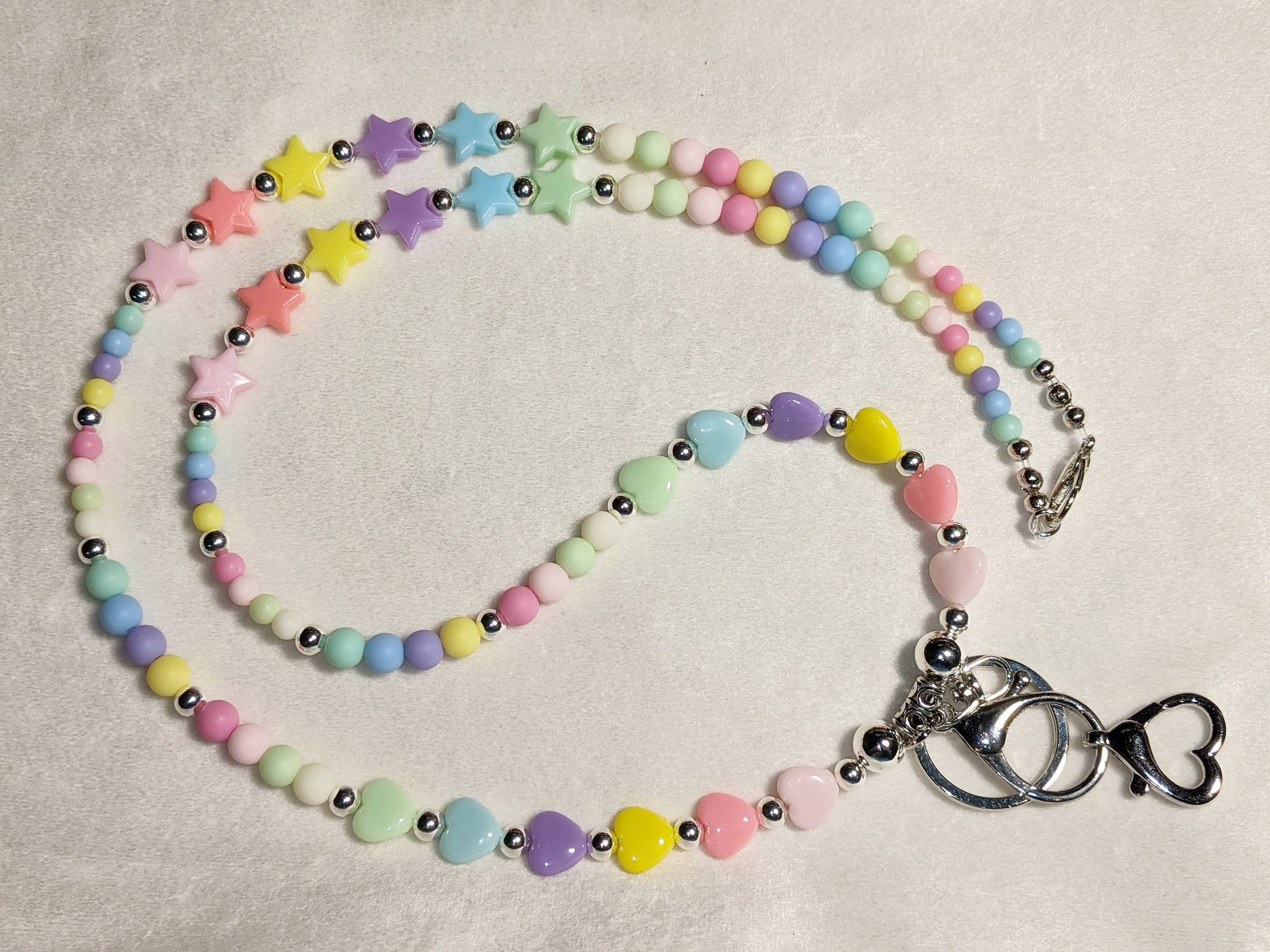 Pastel Beaded Lanyard with Hearts & Stars, Teacher ID Badge Holder Length Variations