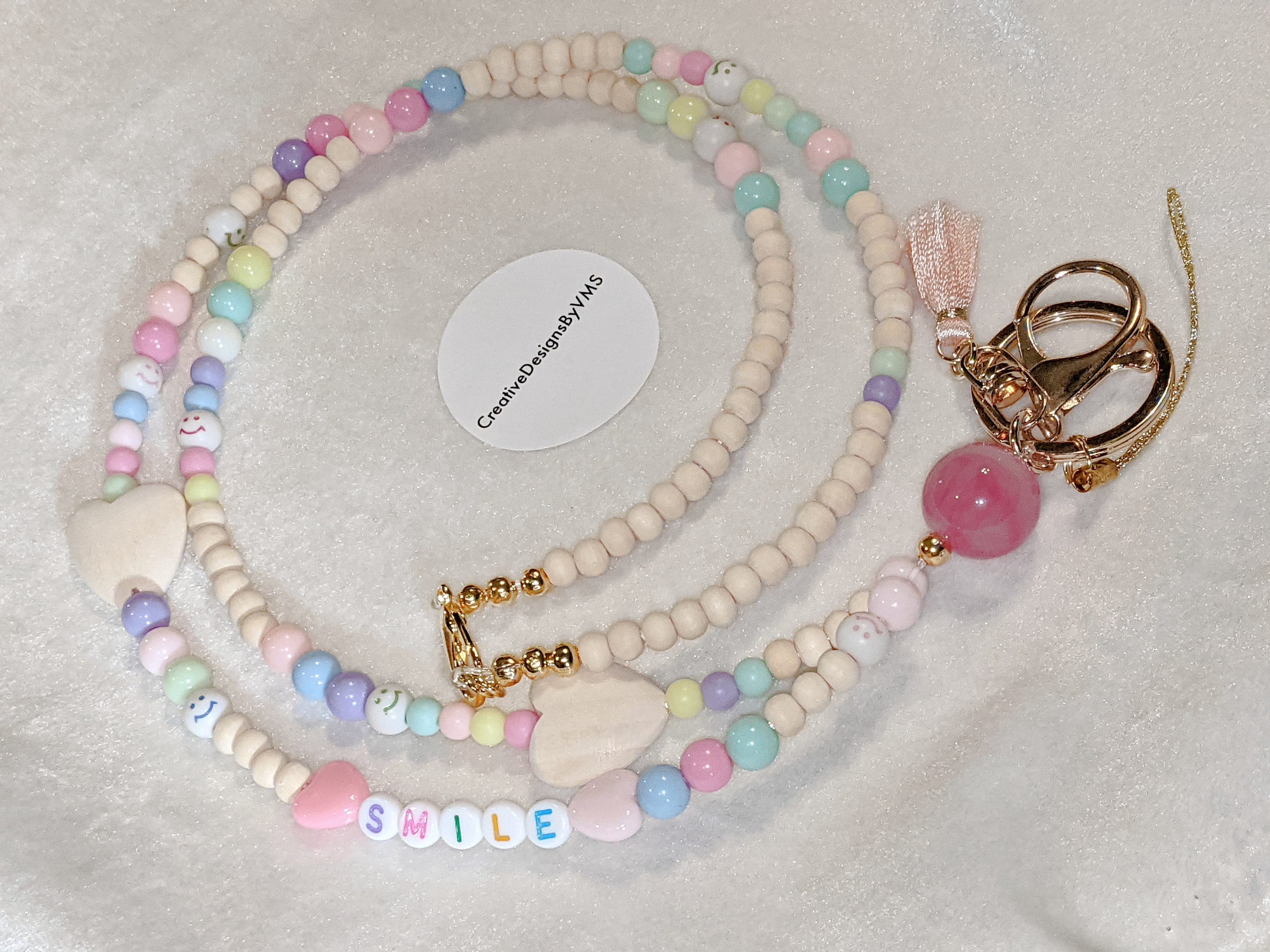 Beaded Teacher Lanyard: Wood Beads, Pastel Hearts, Smile Beads Length Variations