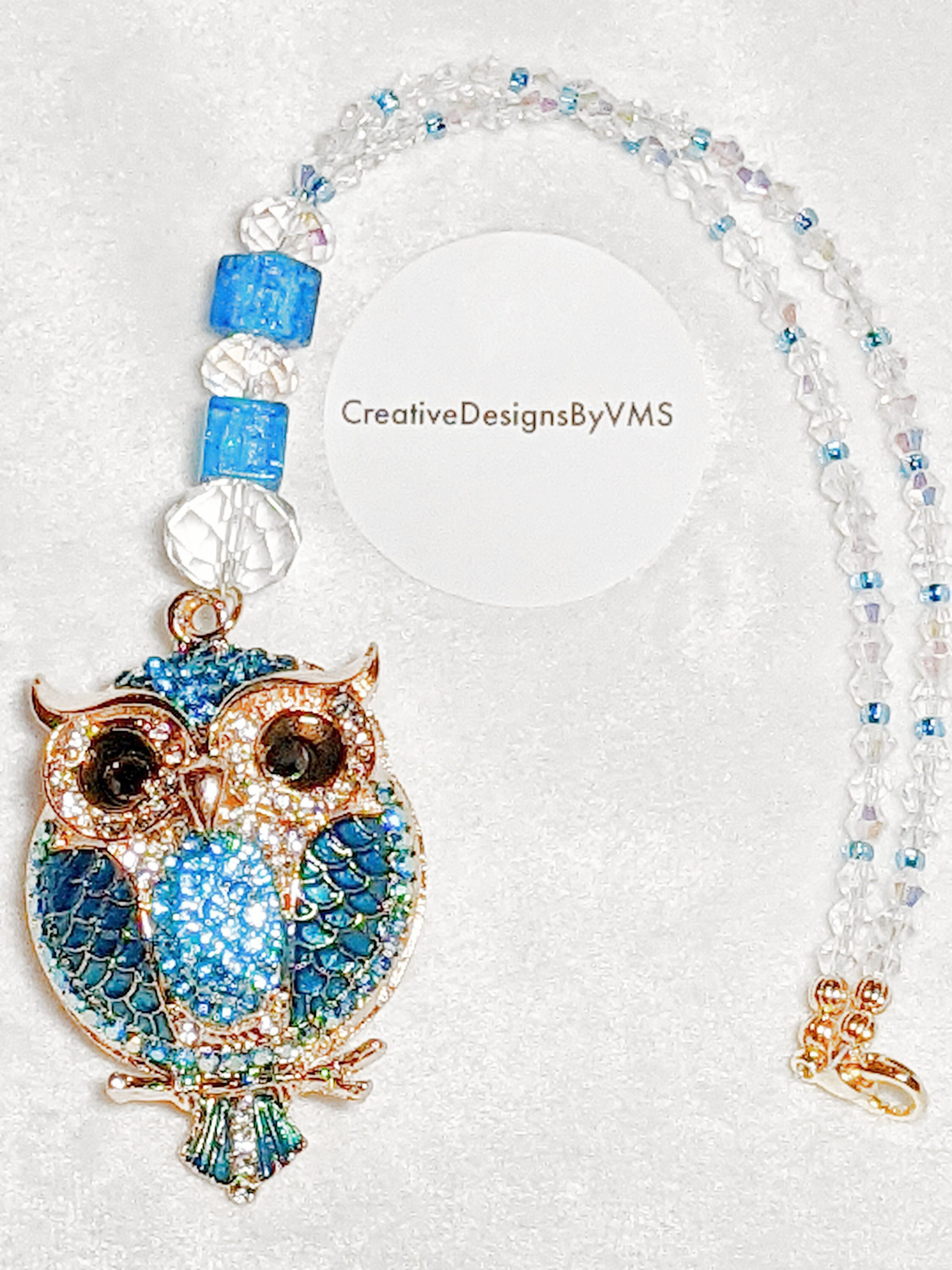 Crystal Owl Rear View Mirror Charm: Blue Rhinestone Car Accessory
