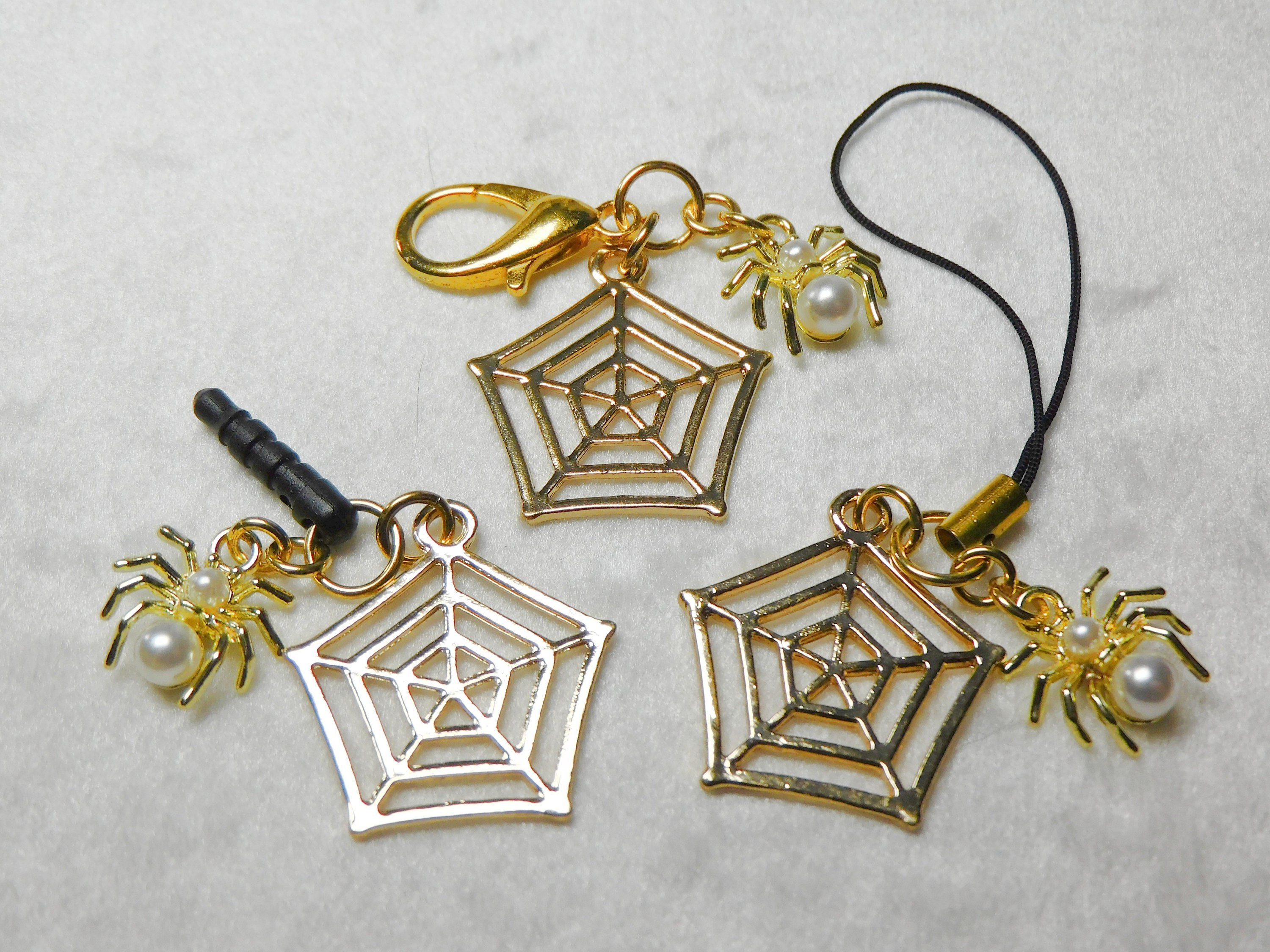 Spider Web Cell Phone Charm: Pearl Spider, Halloween Zipper Pull