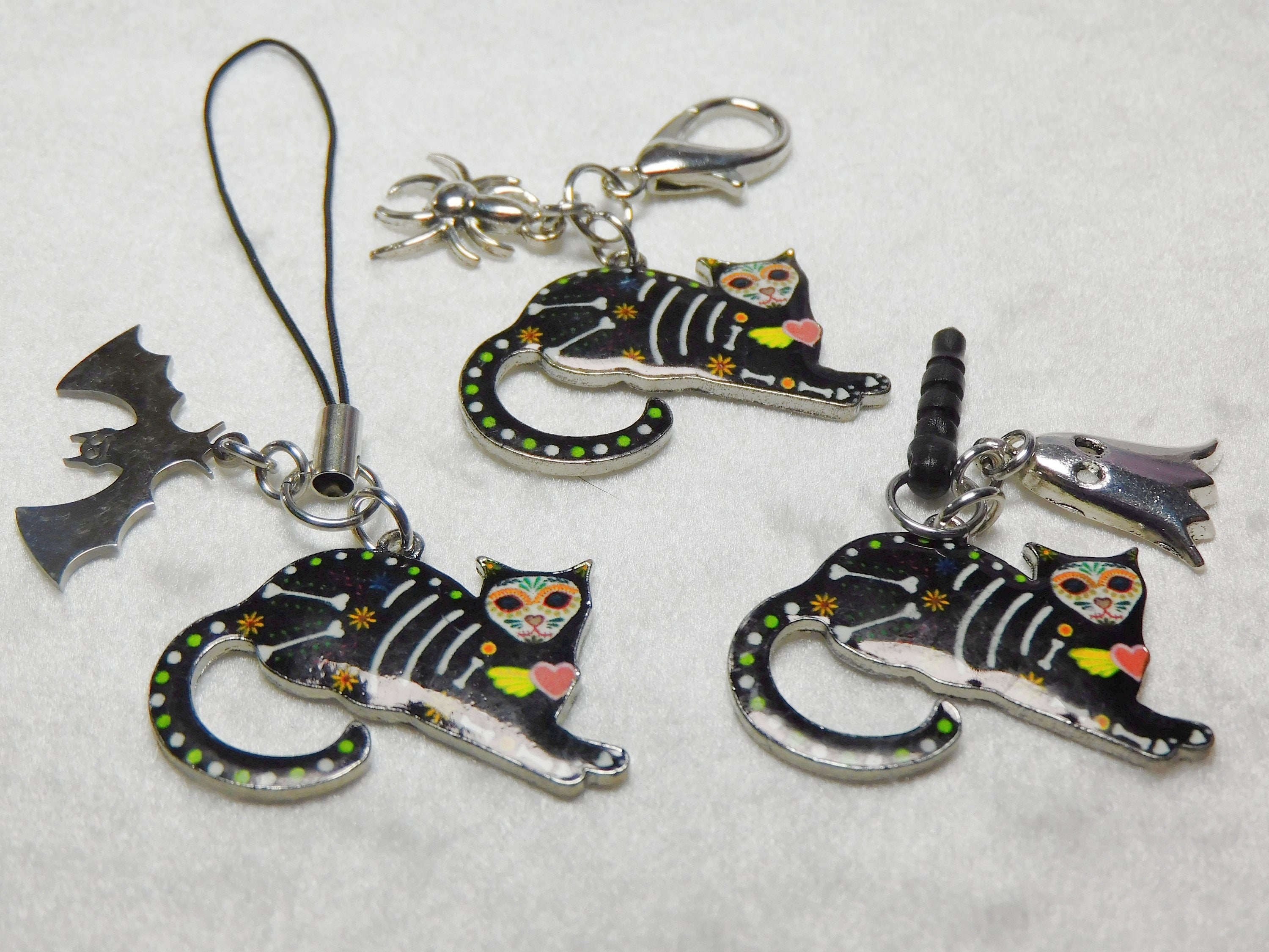 Day of the Dead Cat Charm, Skeleton Enamel Charm, Halloween Accessory