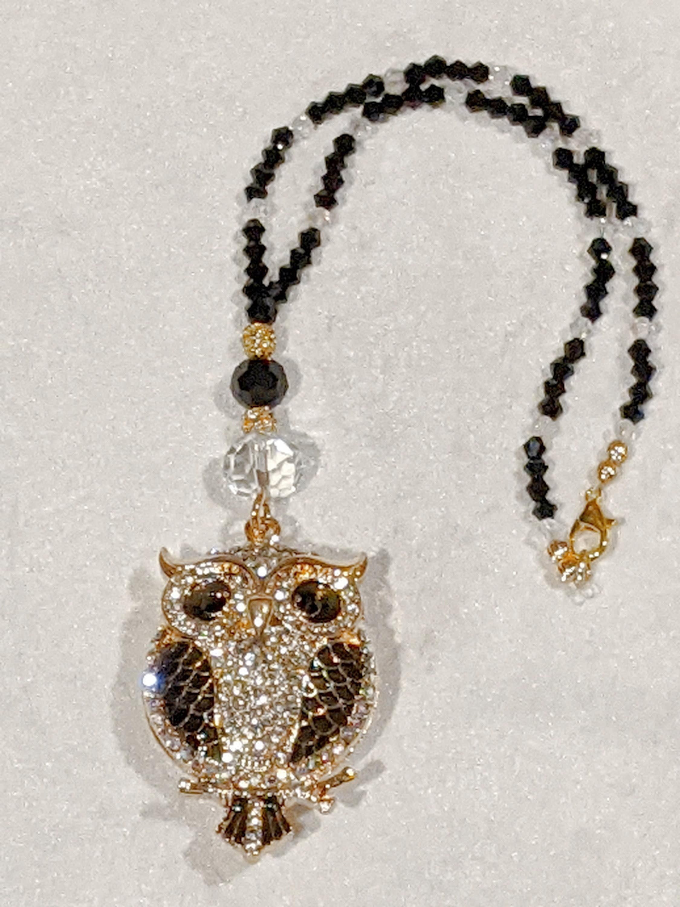 Bling Owl Rear View Mirror Charm: Black & AB Austrian Crystals