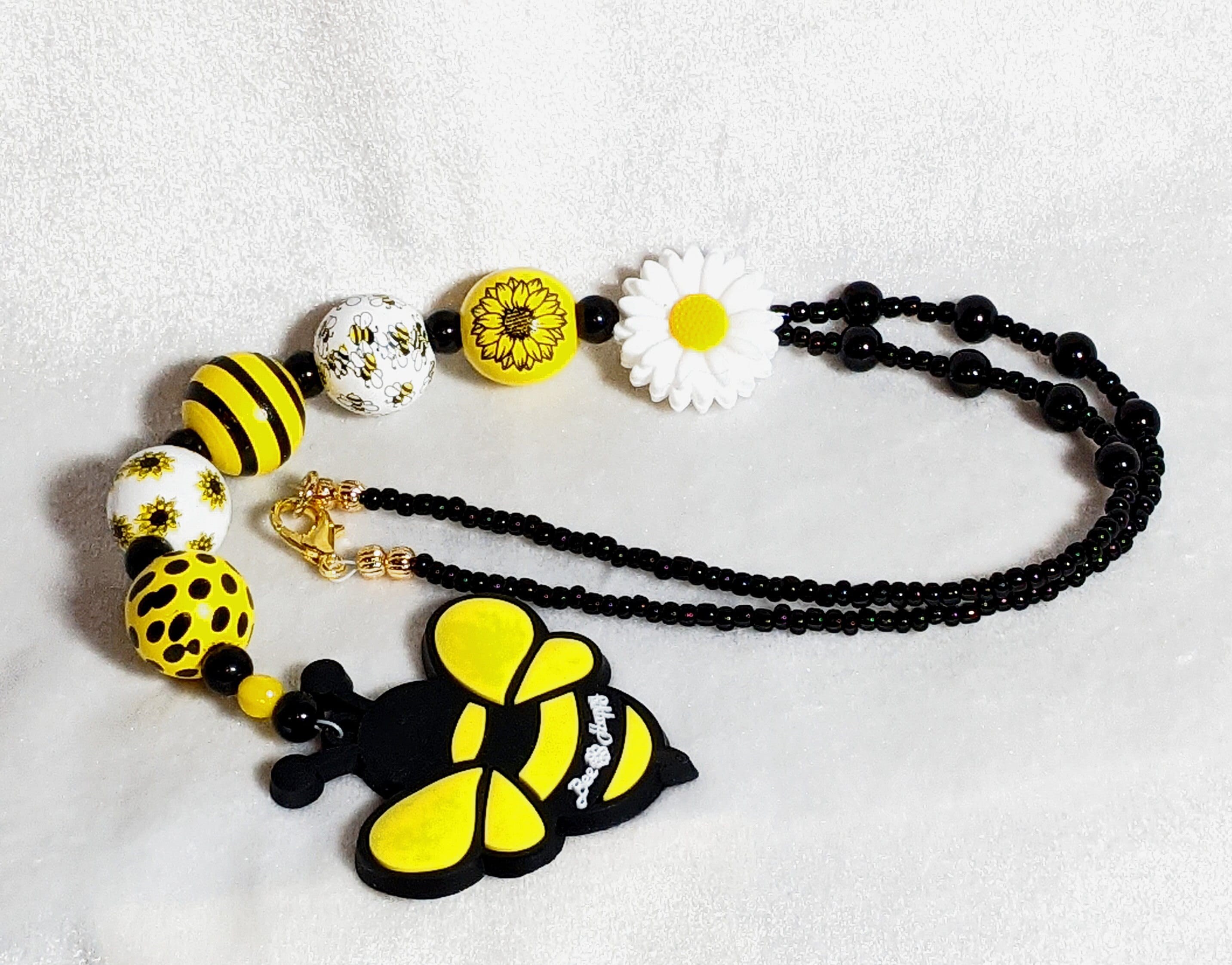 Bee Car Charm: Daisy, Beehive, Wood Bead Rear View Mirror Hanger
