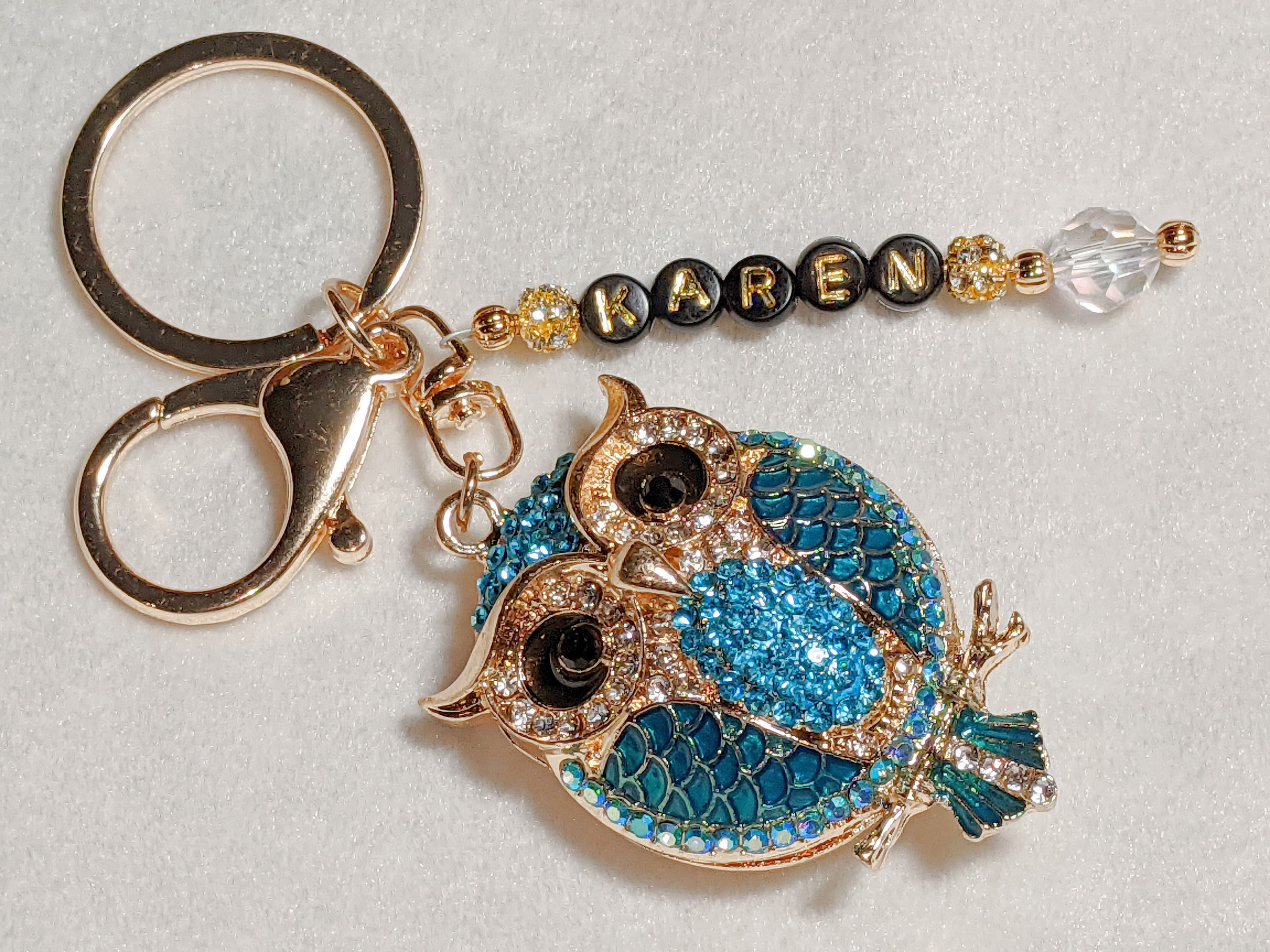 Aqua Blue Rhinestone Owl Keychain: Personalized Name Keyring