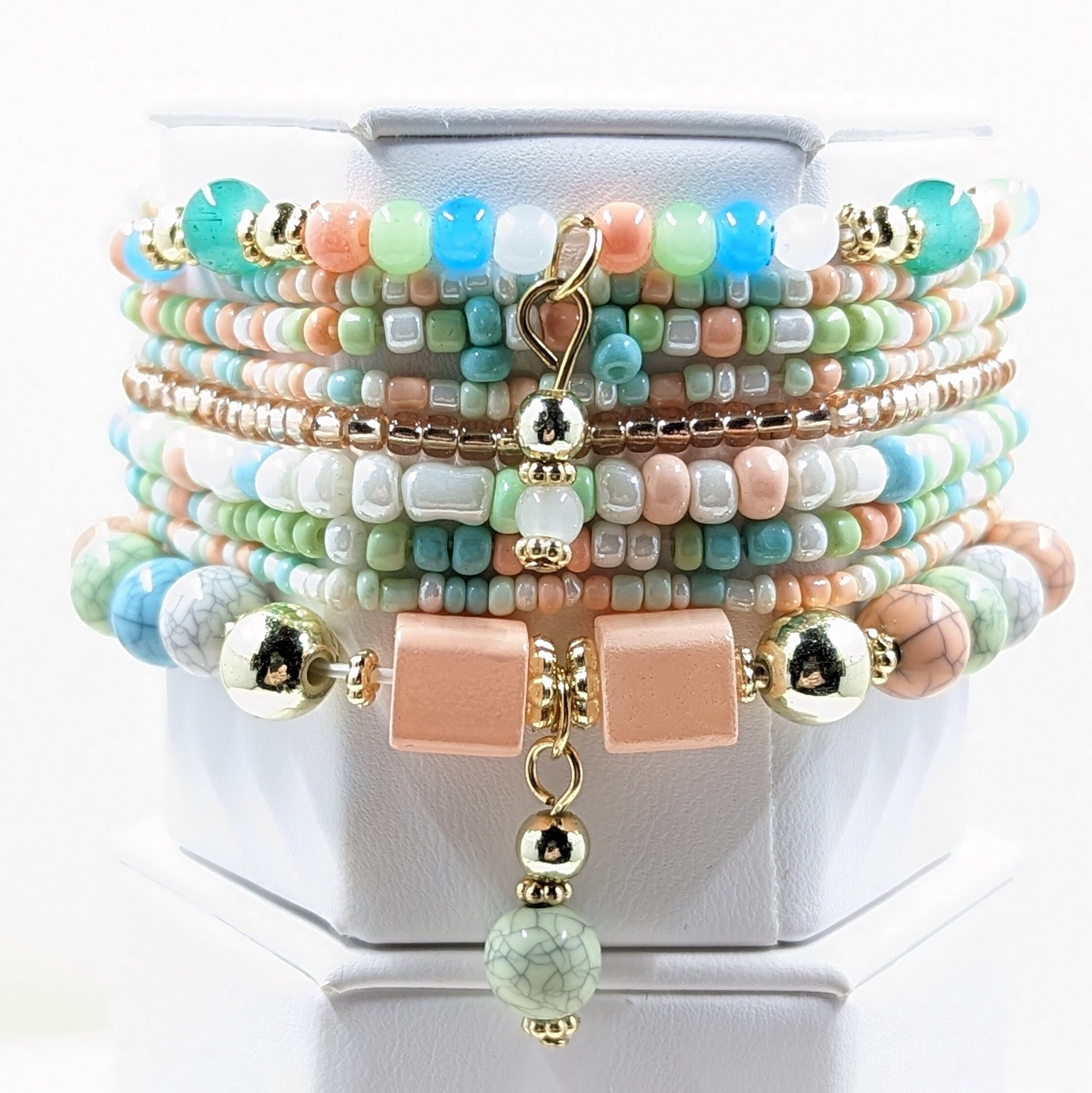Boho Beaded Bracelet Set: Pastel Charm Bracelets, Women's Fashion