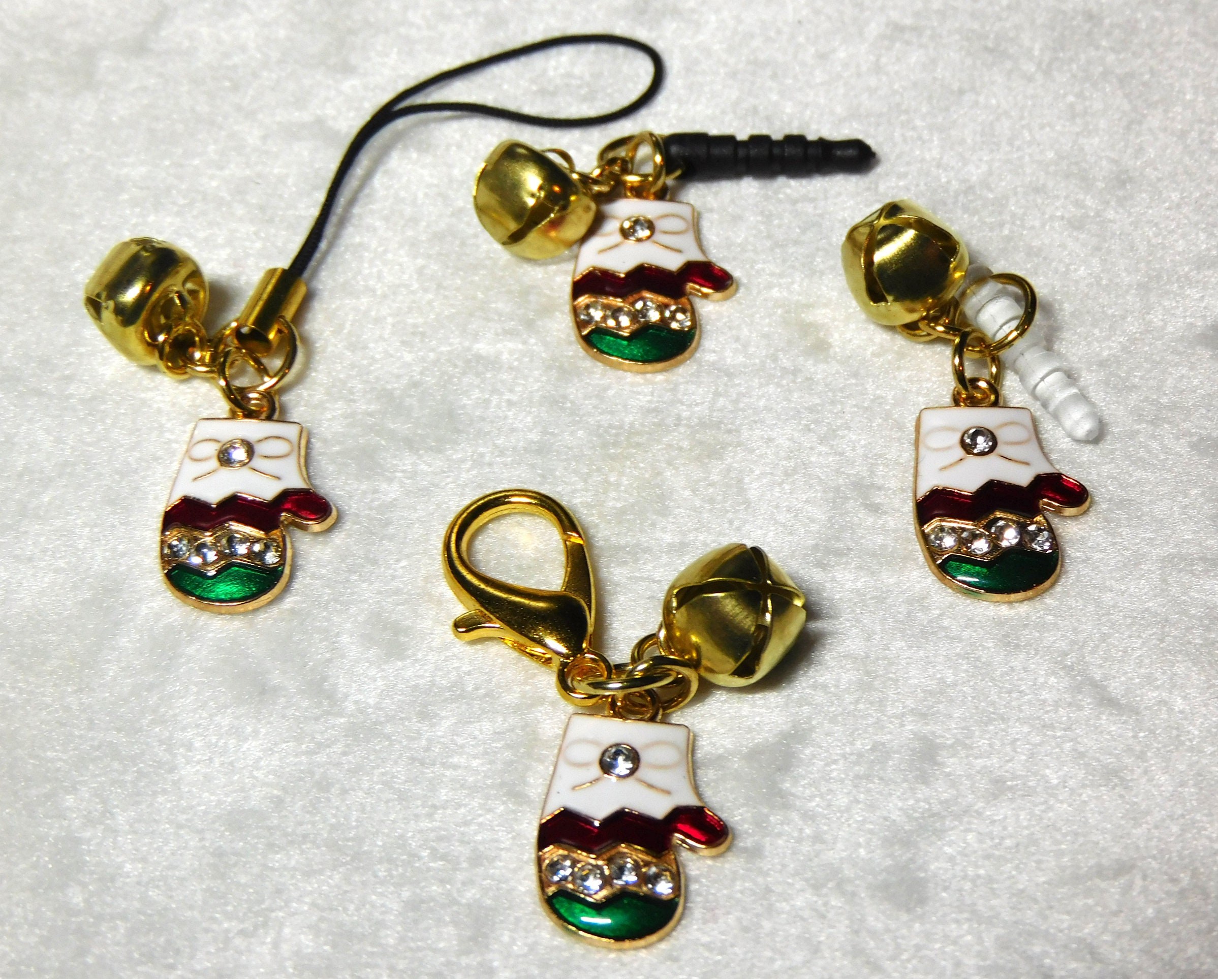 Christmas Mitten Charm: Jingle Bell Phone Charm, Zipper Pull, Keychain