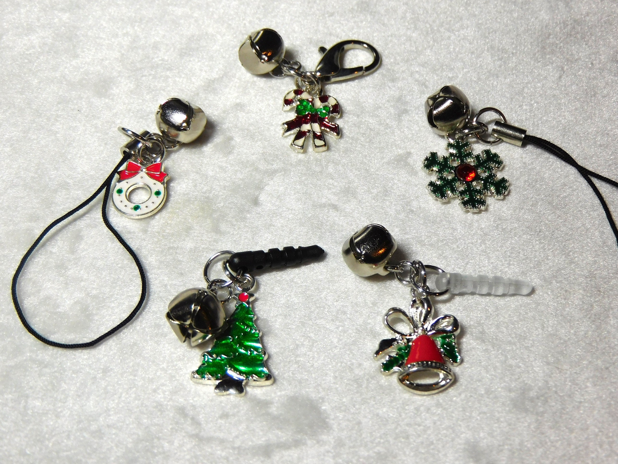 Christmas Charm: Tree, Snowflake, Wreath, Bell, Candy Cane (Dust Plug, Clip, Strap)