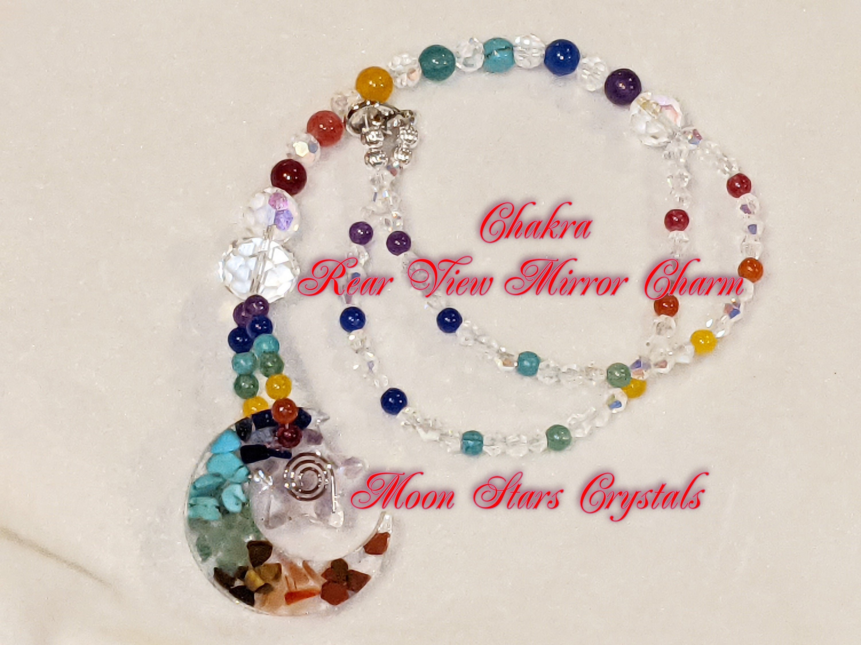 Chakra Moon Star Car Charm: AB Crystals, Rainbow Stone Beads