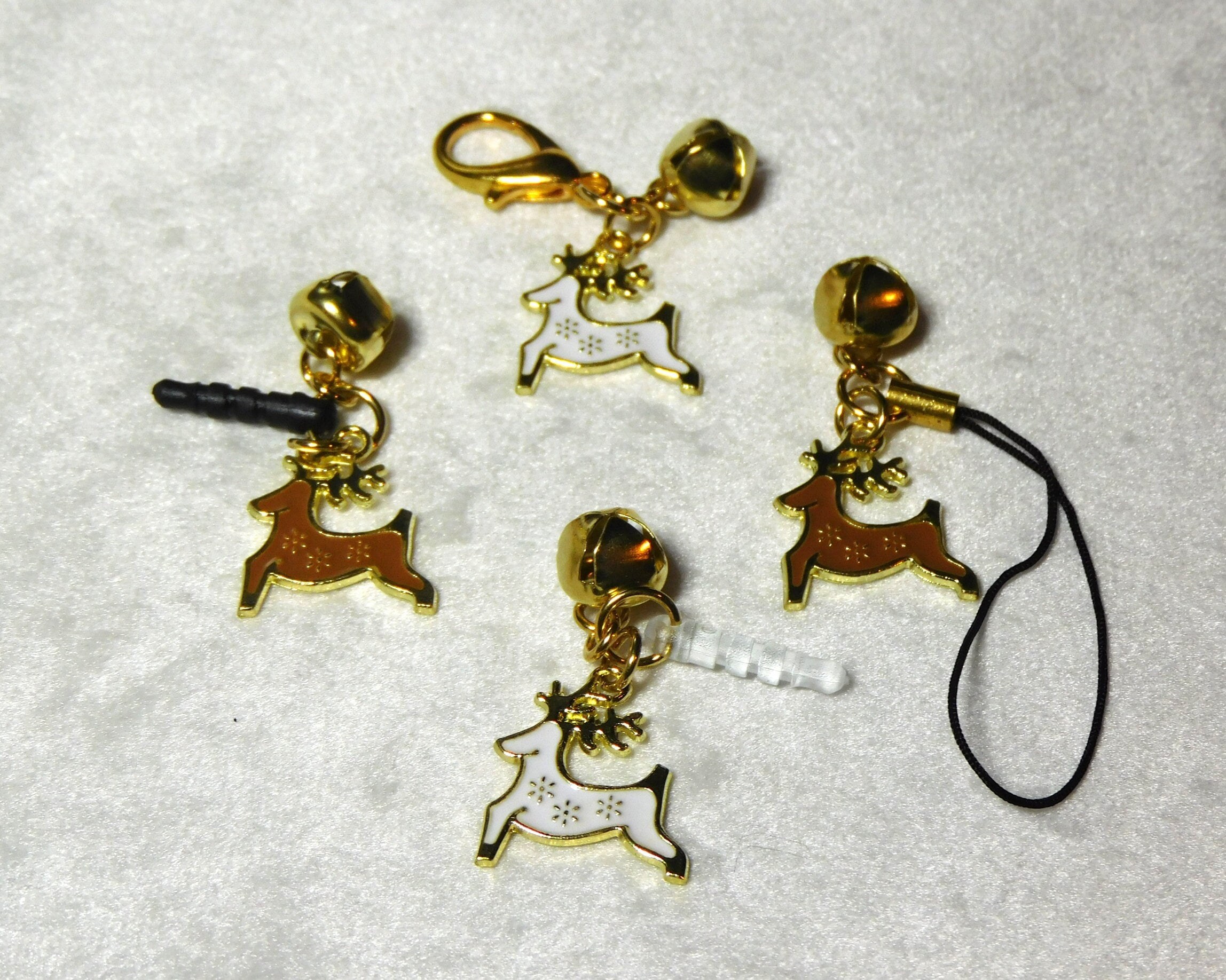 Christmas Reindeer Charm: Gold Bell, Phone Plug, Zipper Pull