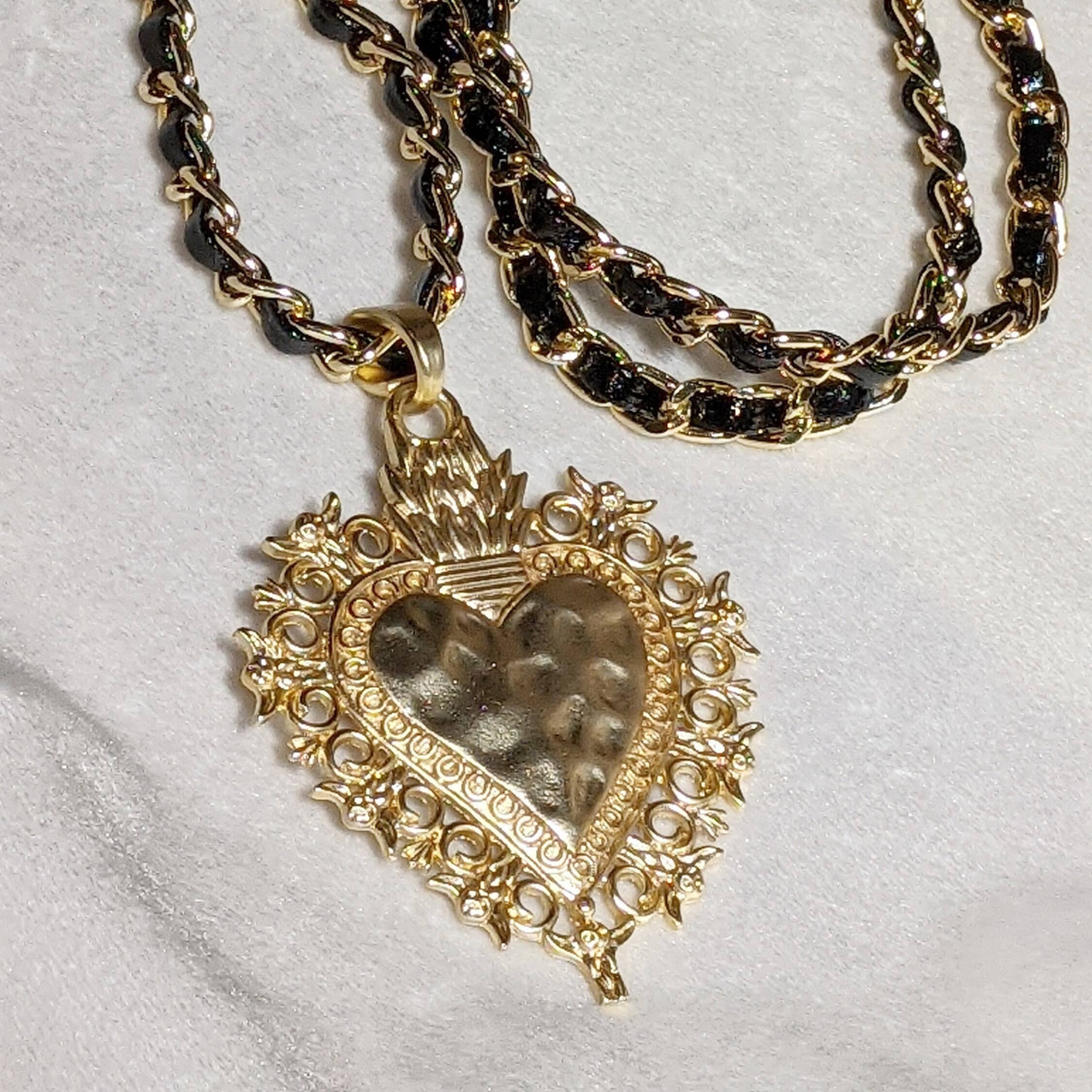 Large Gold Heart Pendant Necklace: PU Leather & Chain, 33"