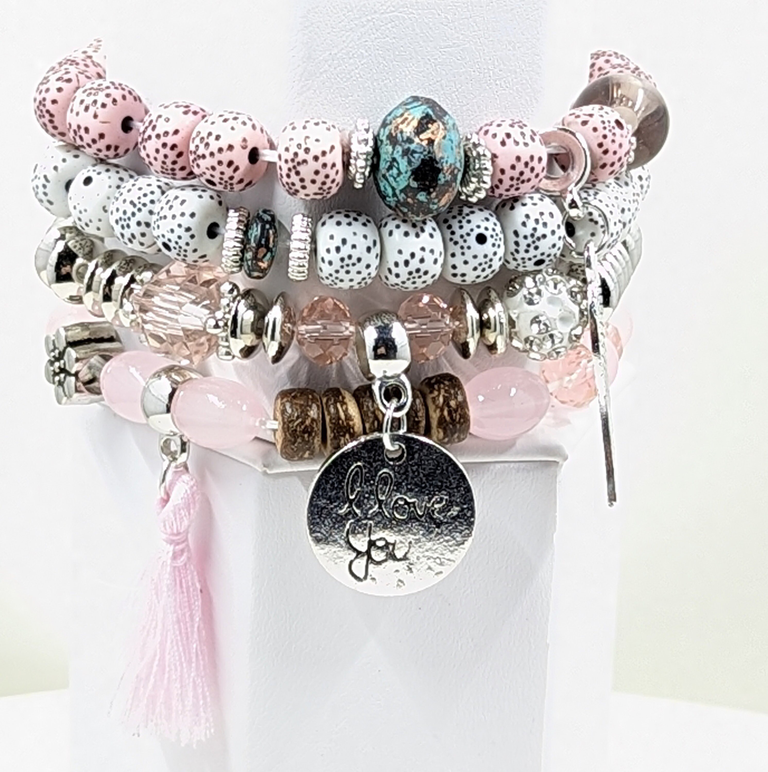 Bohemian Beaded Bracelet: I Love You Charm, Pink & White Stretchy Jewelry
