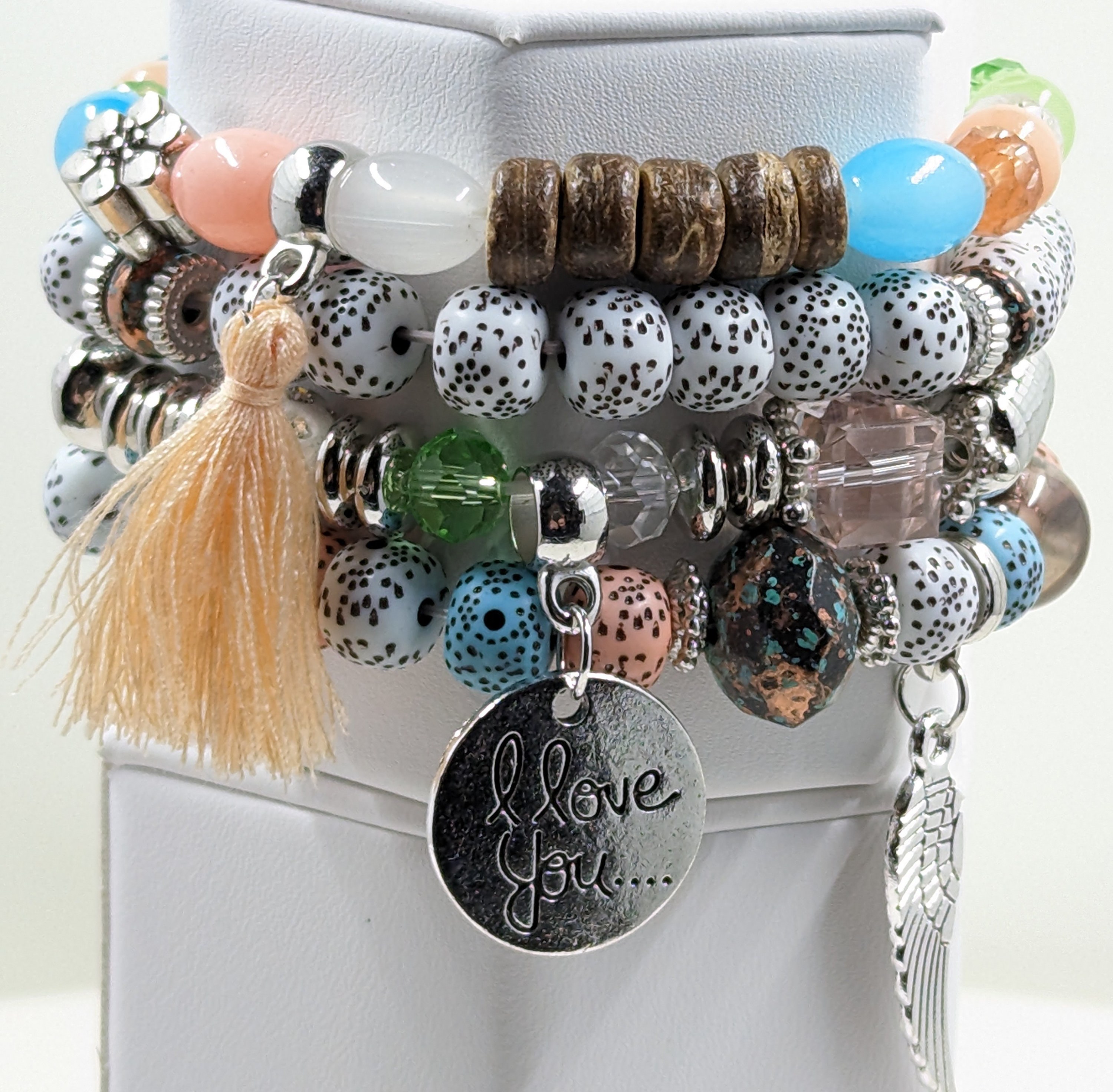 Bohemian Beaded Bracelet: I Love You Charm, Angel Wing, Tassel