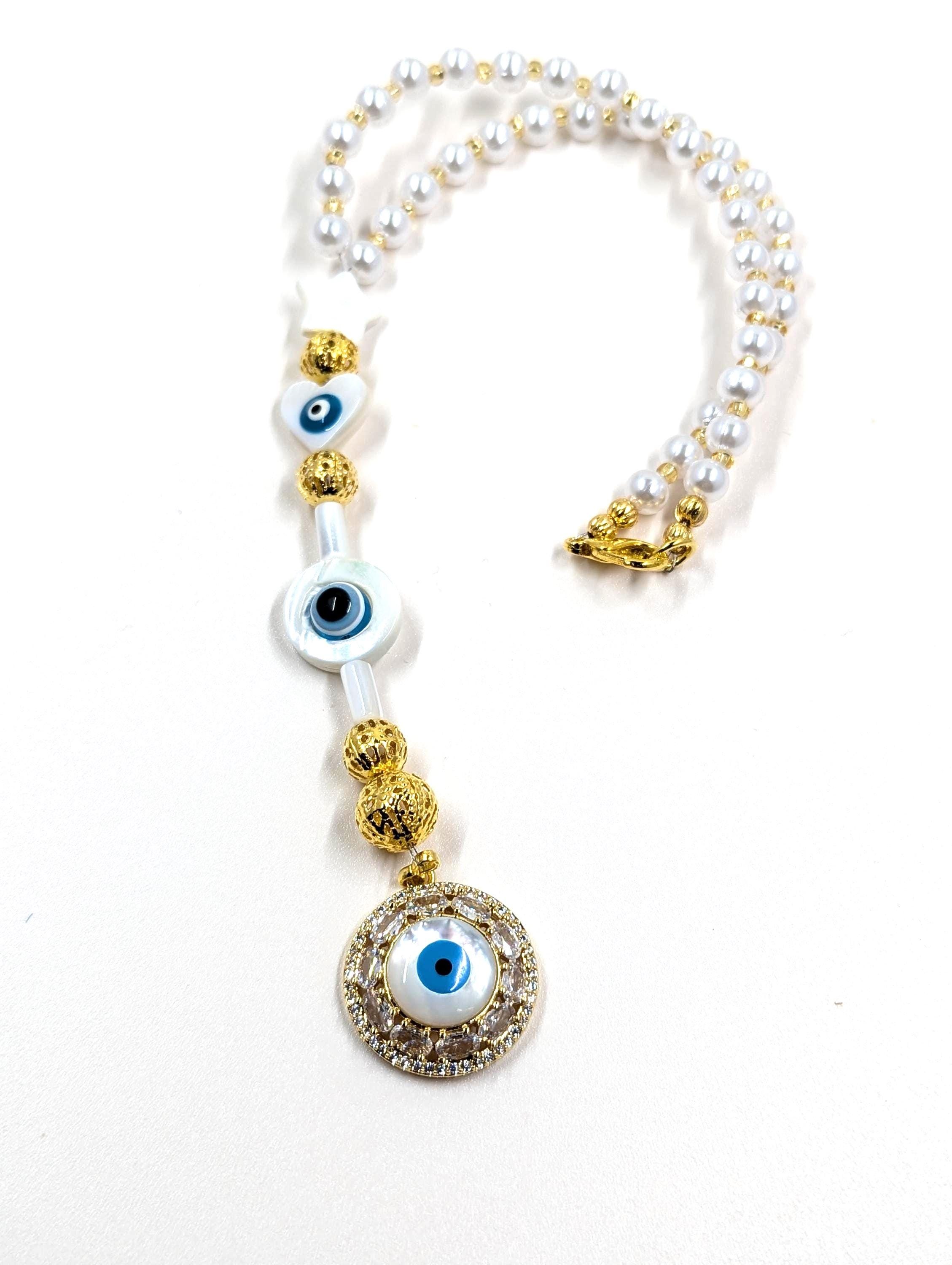 Evil Eye Car Charm: Mother of Pearl, Gold Filigree Amulet