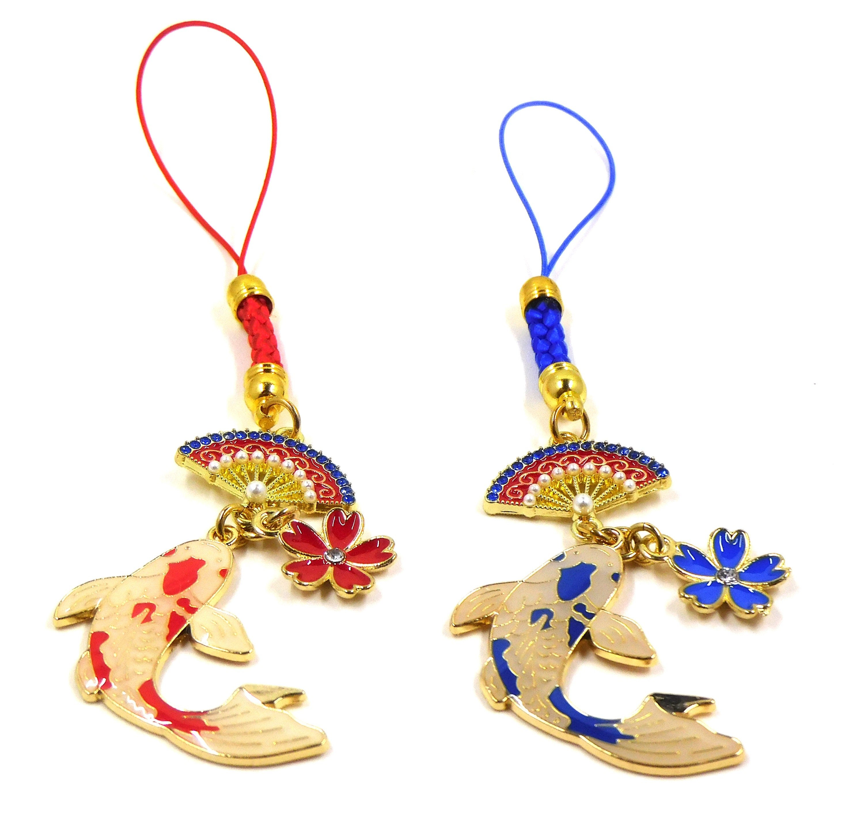 Koi Fish Cell Phone Charm: Braided Strap with Fan & Crystal Flower