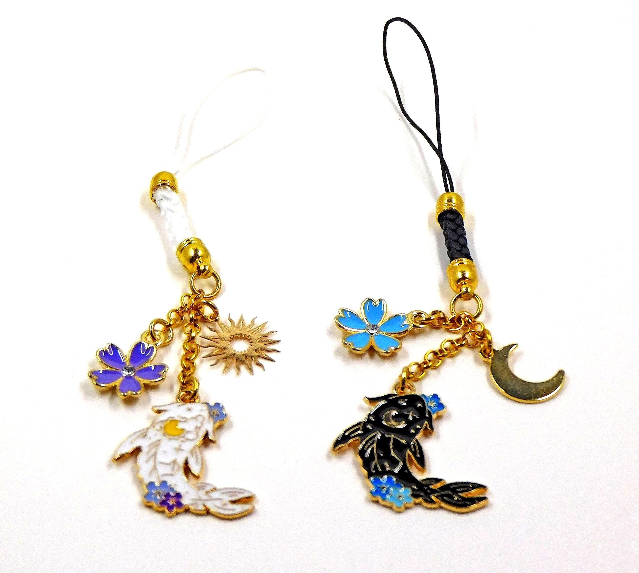 Koi Fish Cell Phone Charm: Sun, Moon, Flower, Crystal, Gold