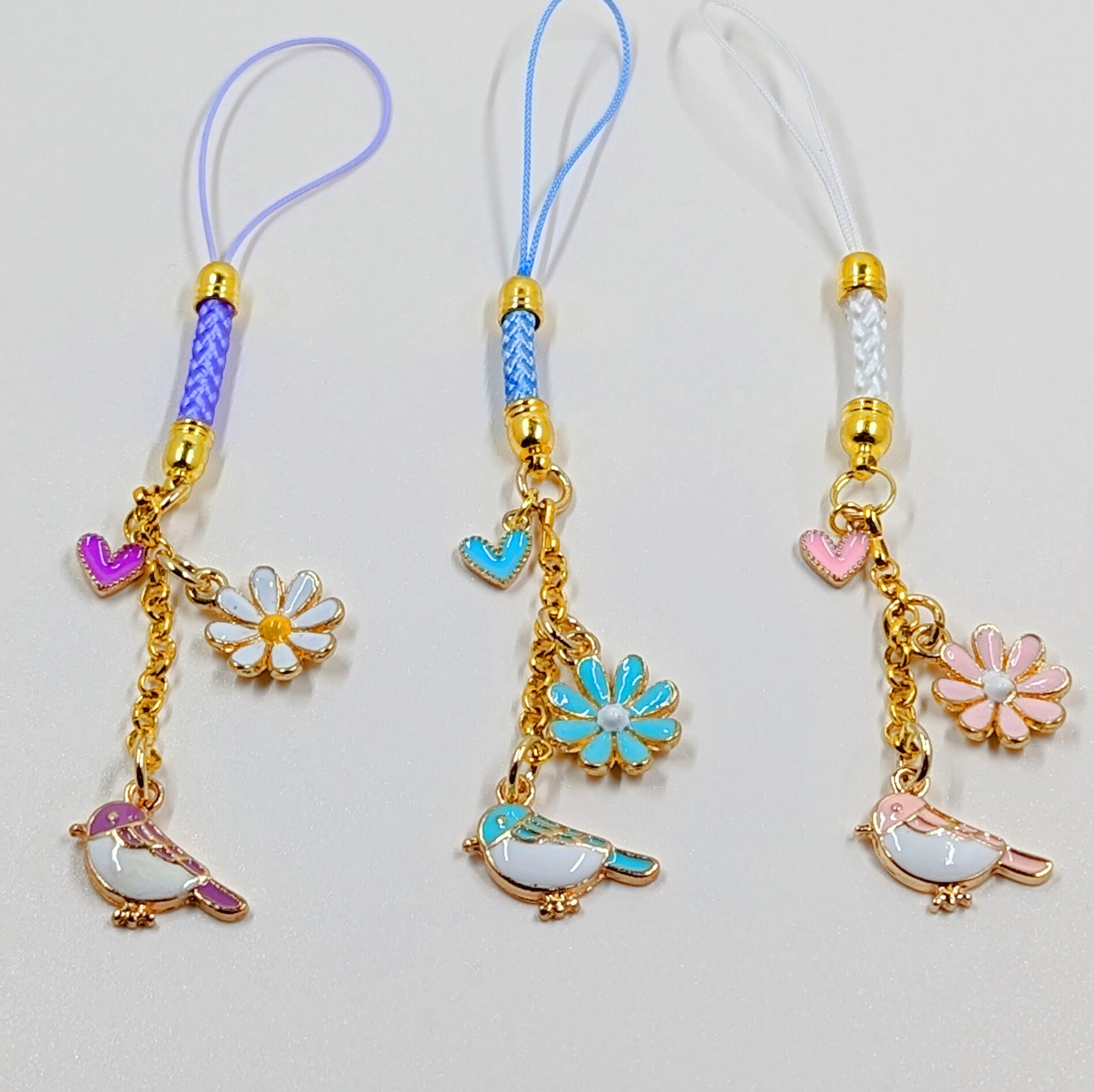 Bird Flower Heart Cell Phone Charm: Braided Strap Accessory