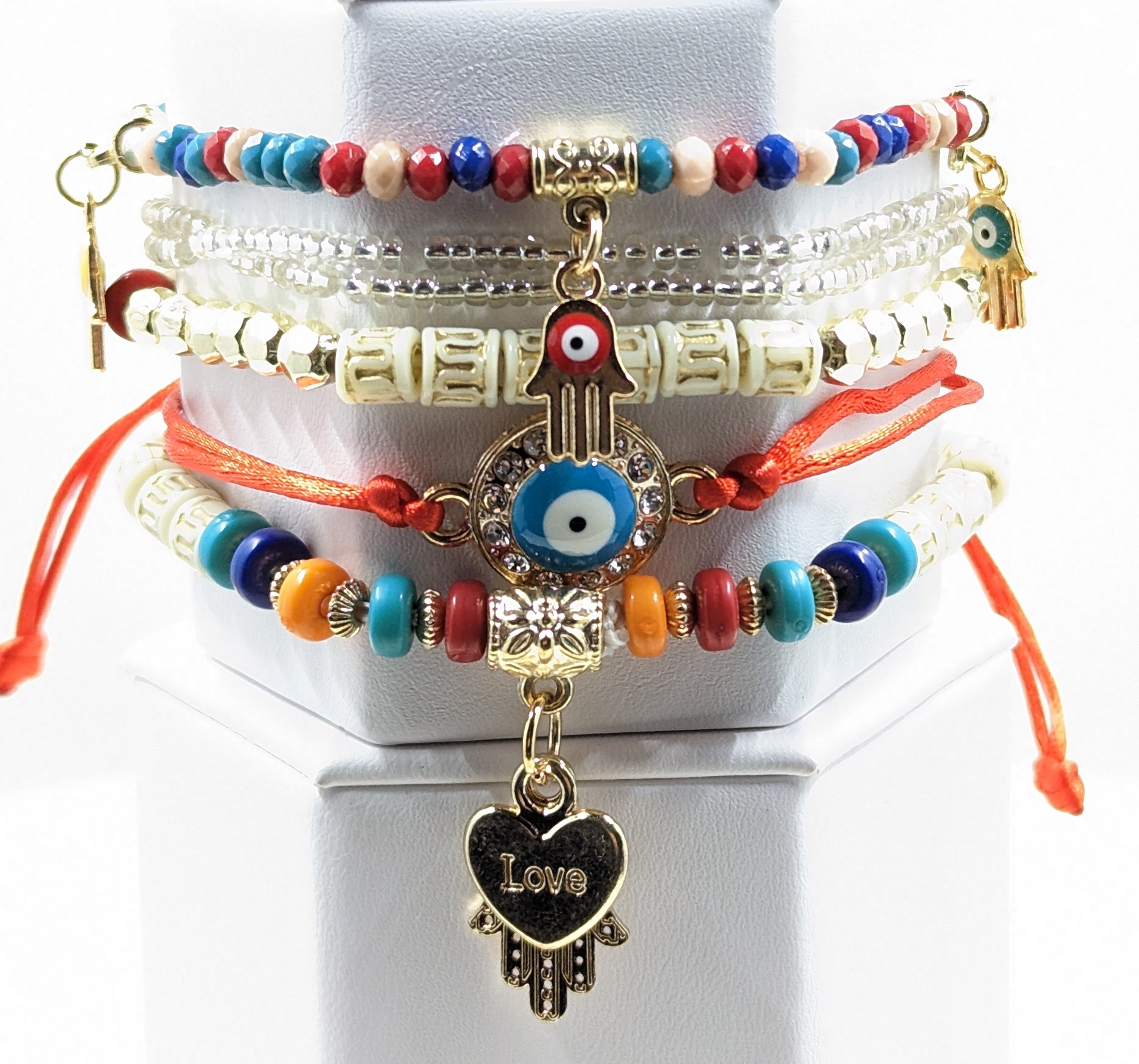 Bohemian Beaded Bracelet Set: Hamsa Hand, Evil Eye Charm
