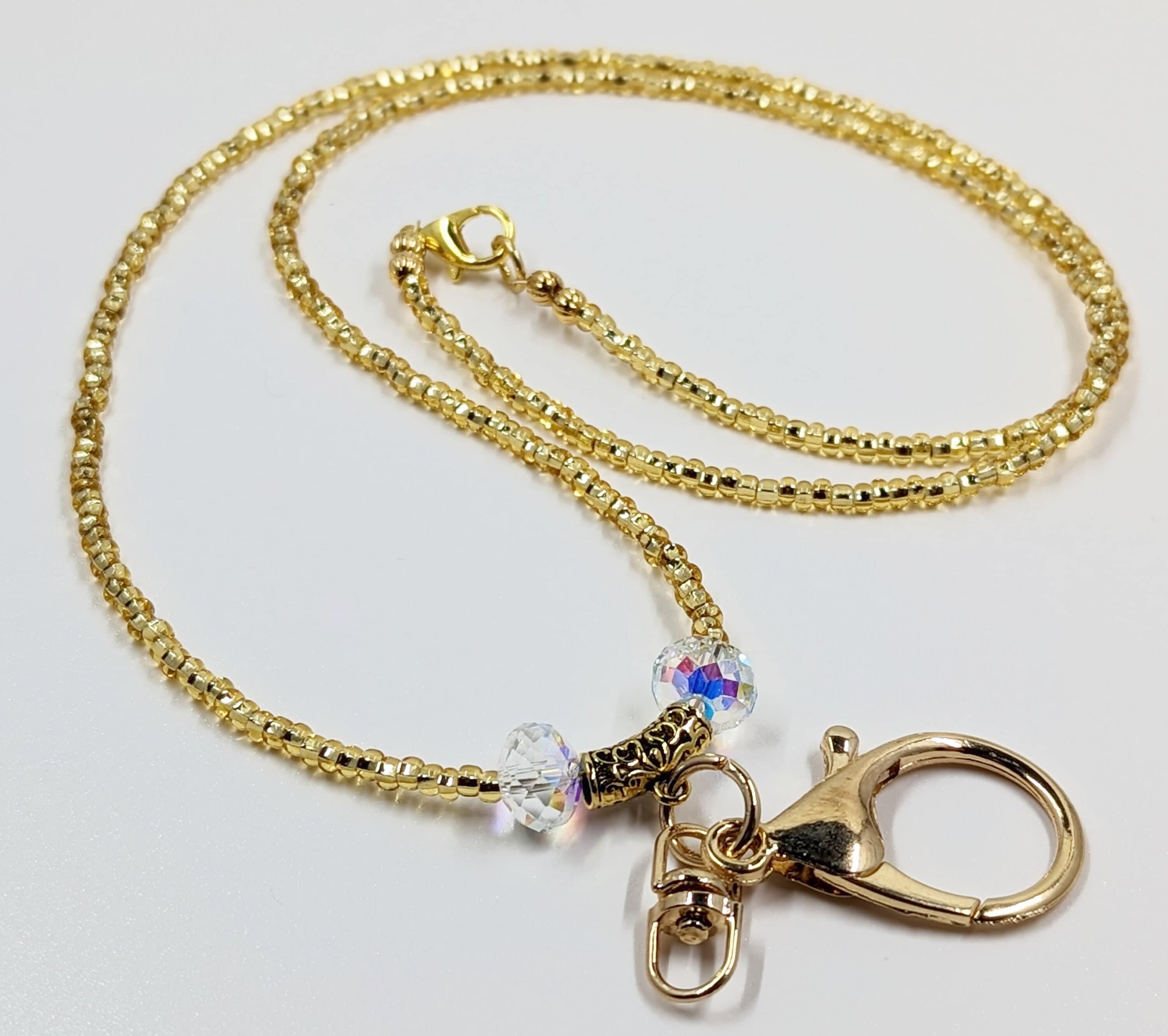 Gold Seed Bead Lanyard: AB Crystal ID Badge Holder