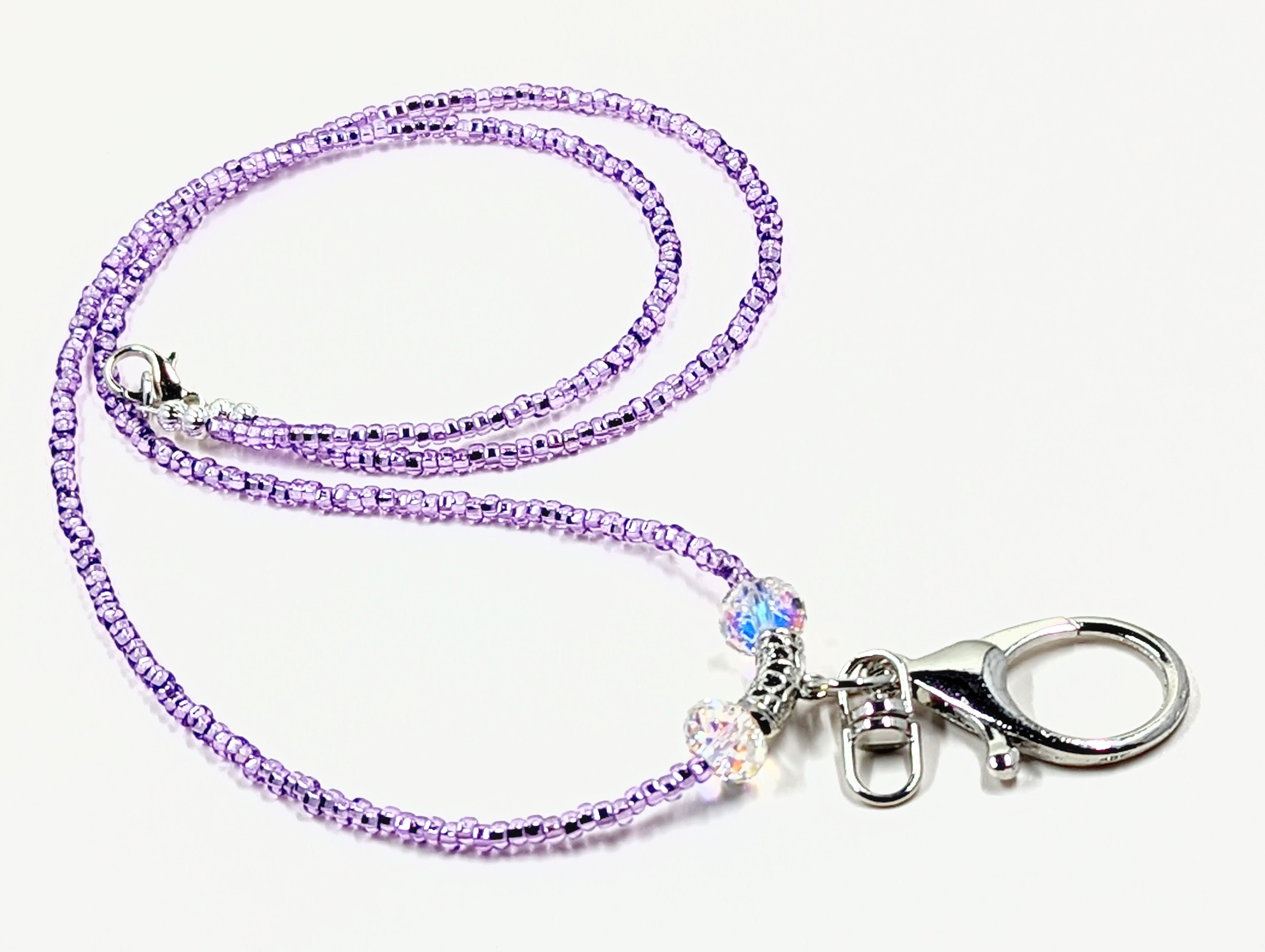 Purple Seed Bead Lanyard: AB Crystal ID Badge Holder