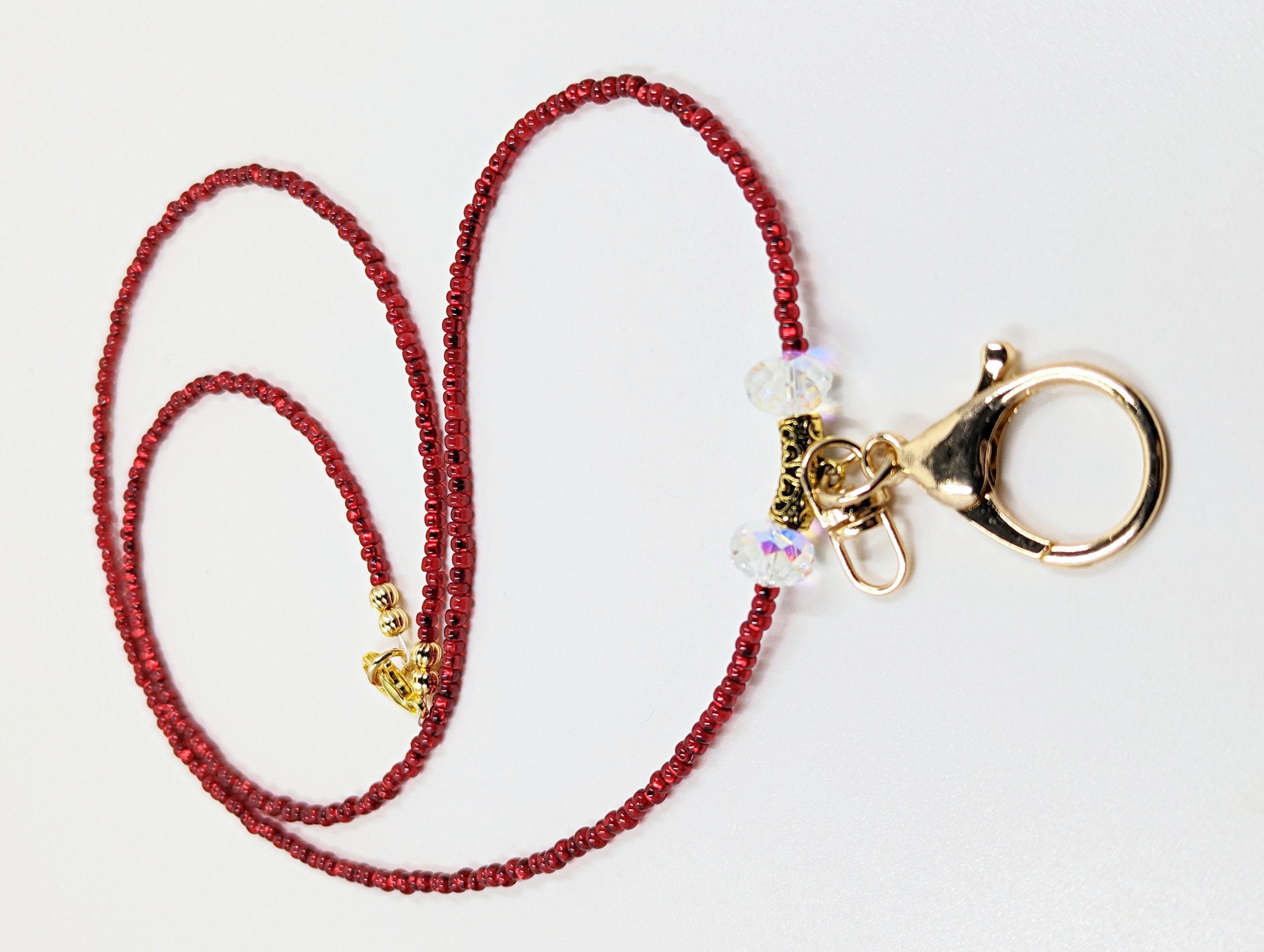 Red Seed Bead Lanyard: AB Crystal ID Badge Holder