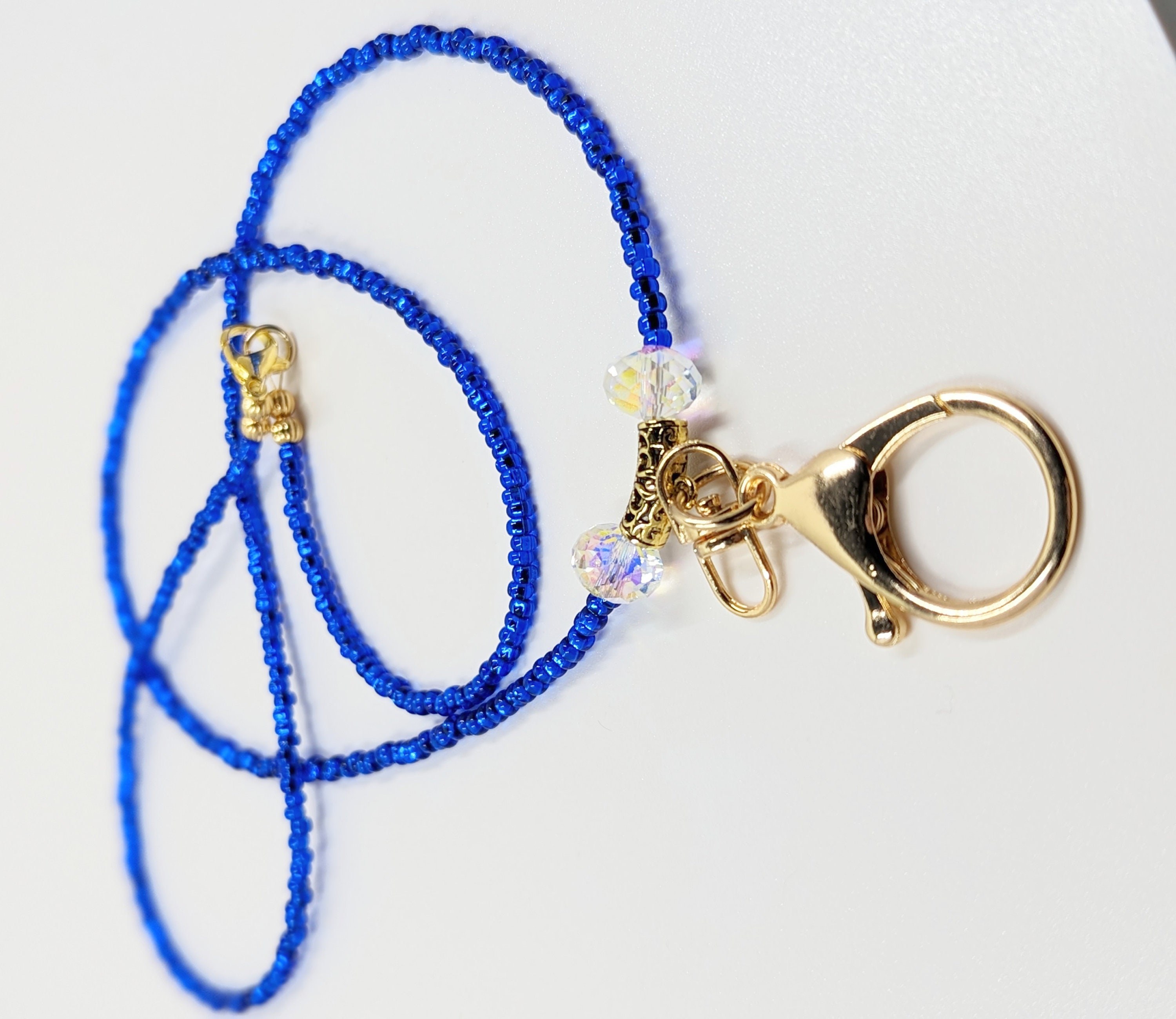 Sapphire Blue Seed Bead Lanyard: AB Crystal ID Badge Holder