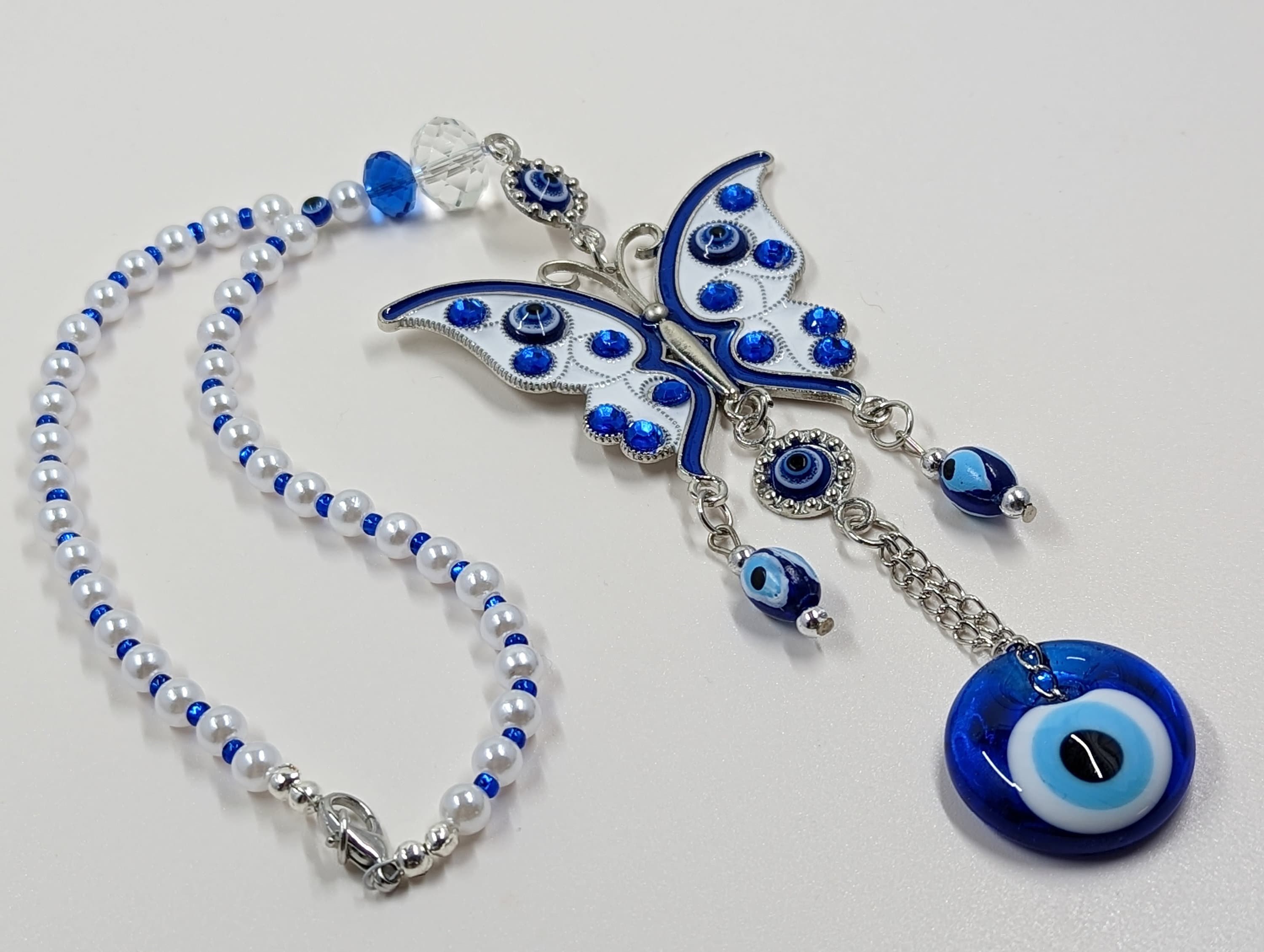 Butterfly Evil Eye Car Charm: Sapphire Blue, Pearls, Rear View Mirror